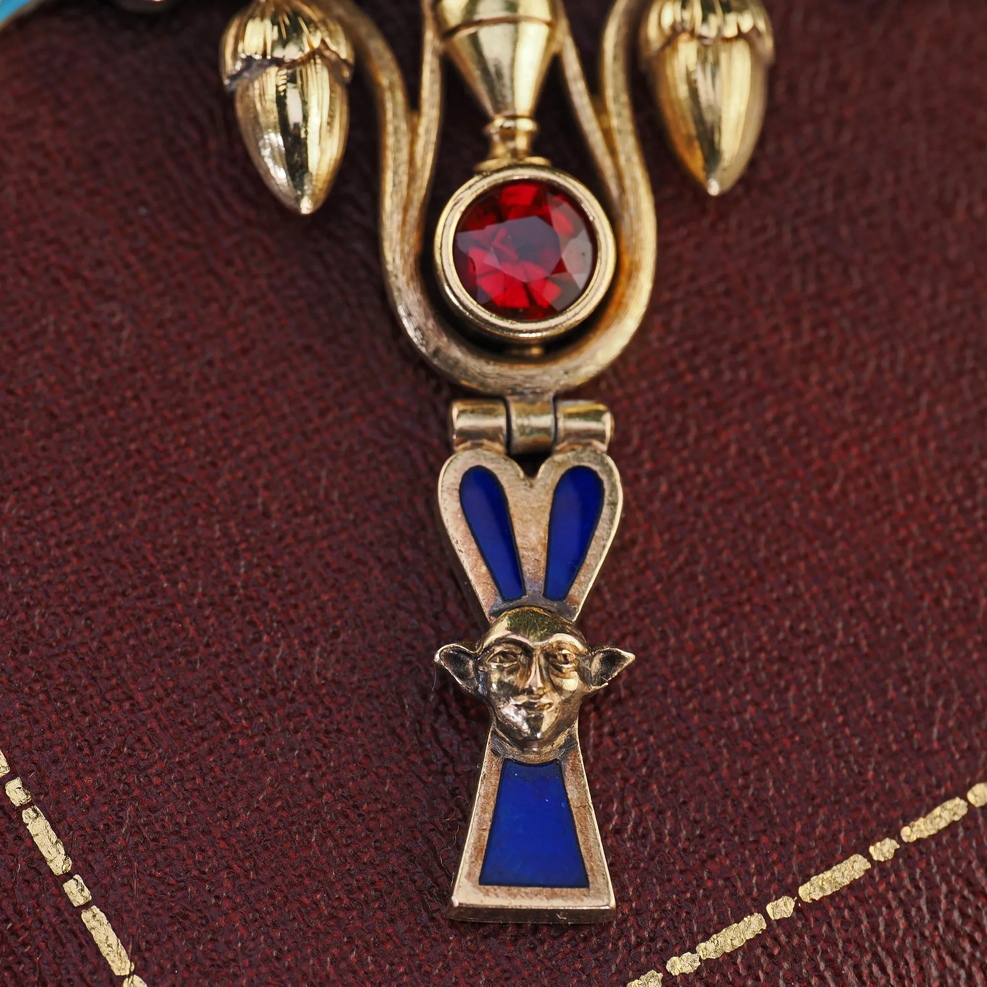 Antique Art Deco Egyptian Revival 18K Yellow Gold Opal Diamond Garnet Pendant