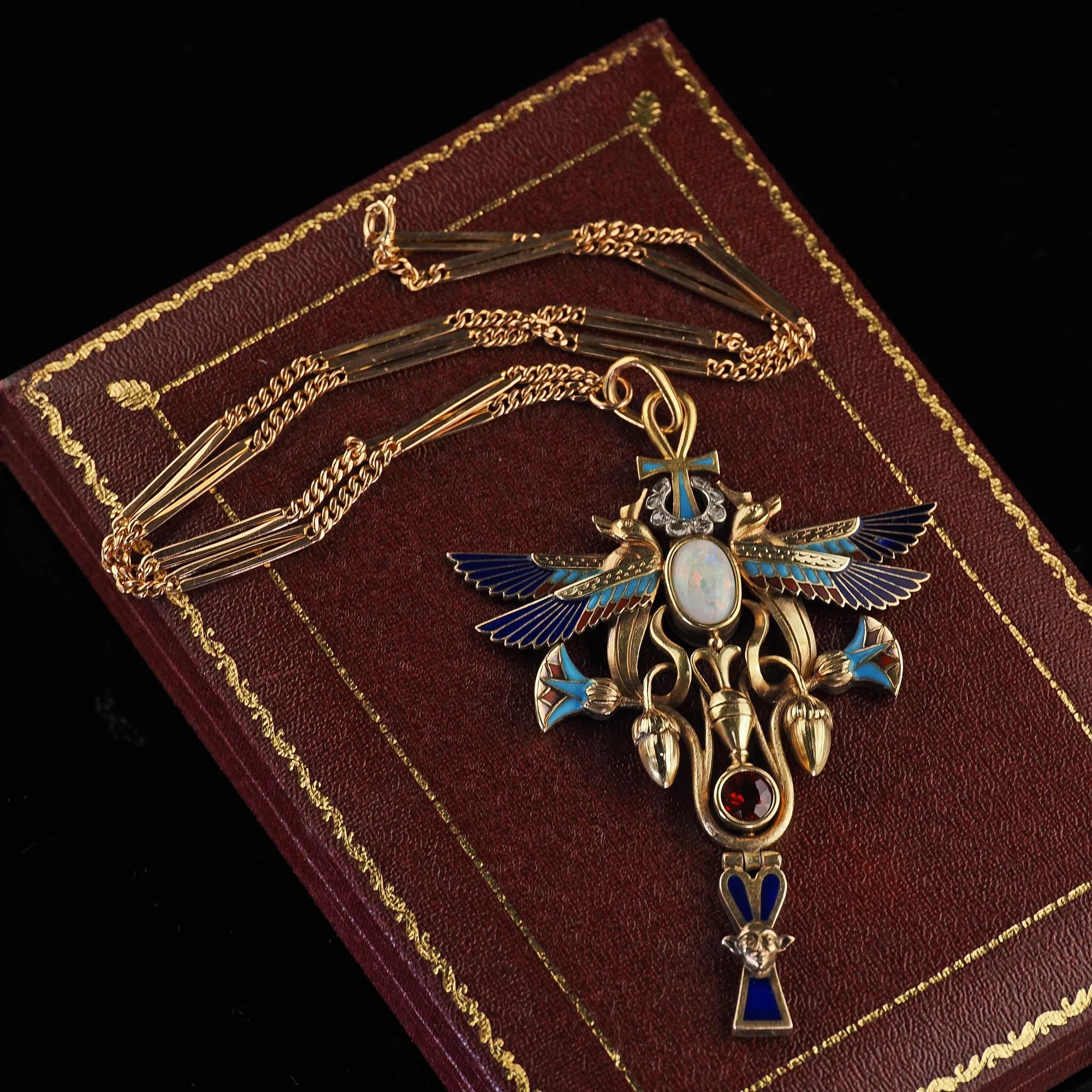Antique Art Deco Egyptian Revival 18K Yellow Gold Opal Diamond Garnet Pendant