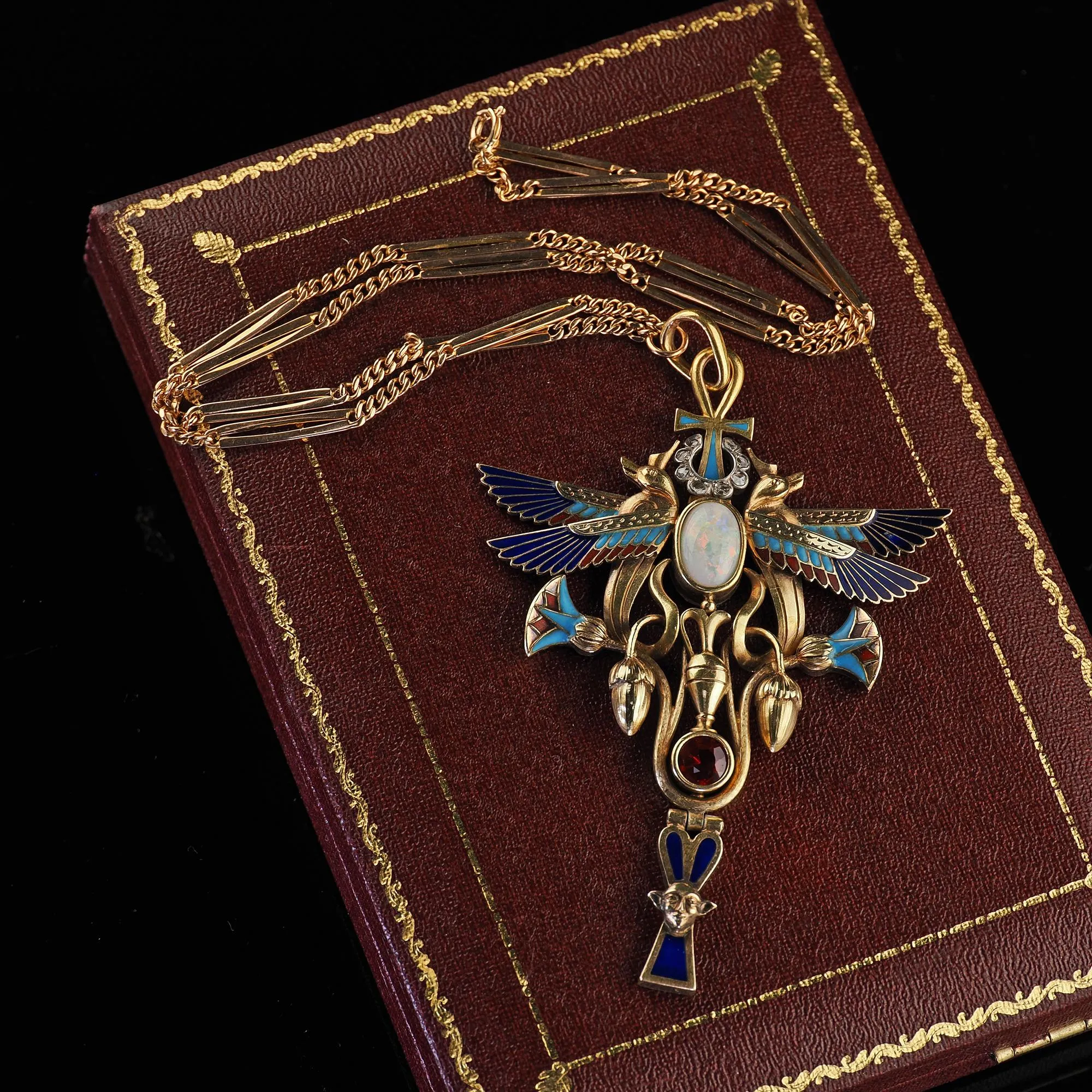 Antique Art Deco Egyptian Revival 18K Yellow Gold Opal Diamond Garnet Pendant