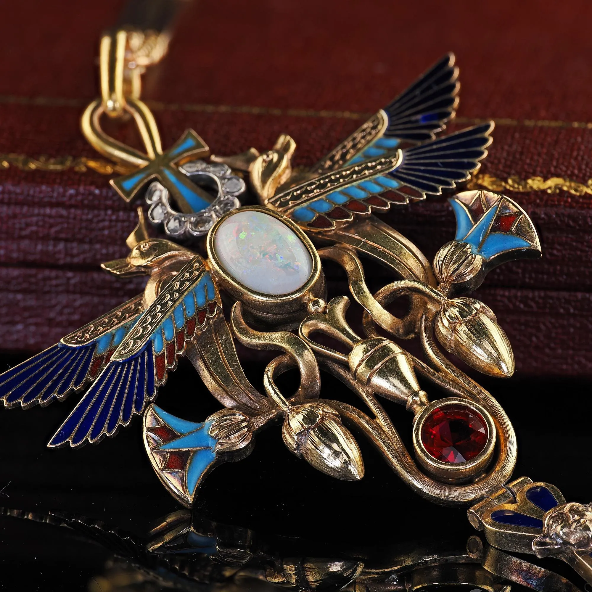 Antique Art Deco Egyptian Revival 18K Yellow Gold Opal Diamond Garnet Pendant