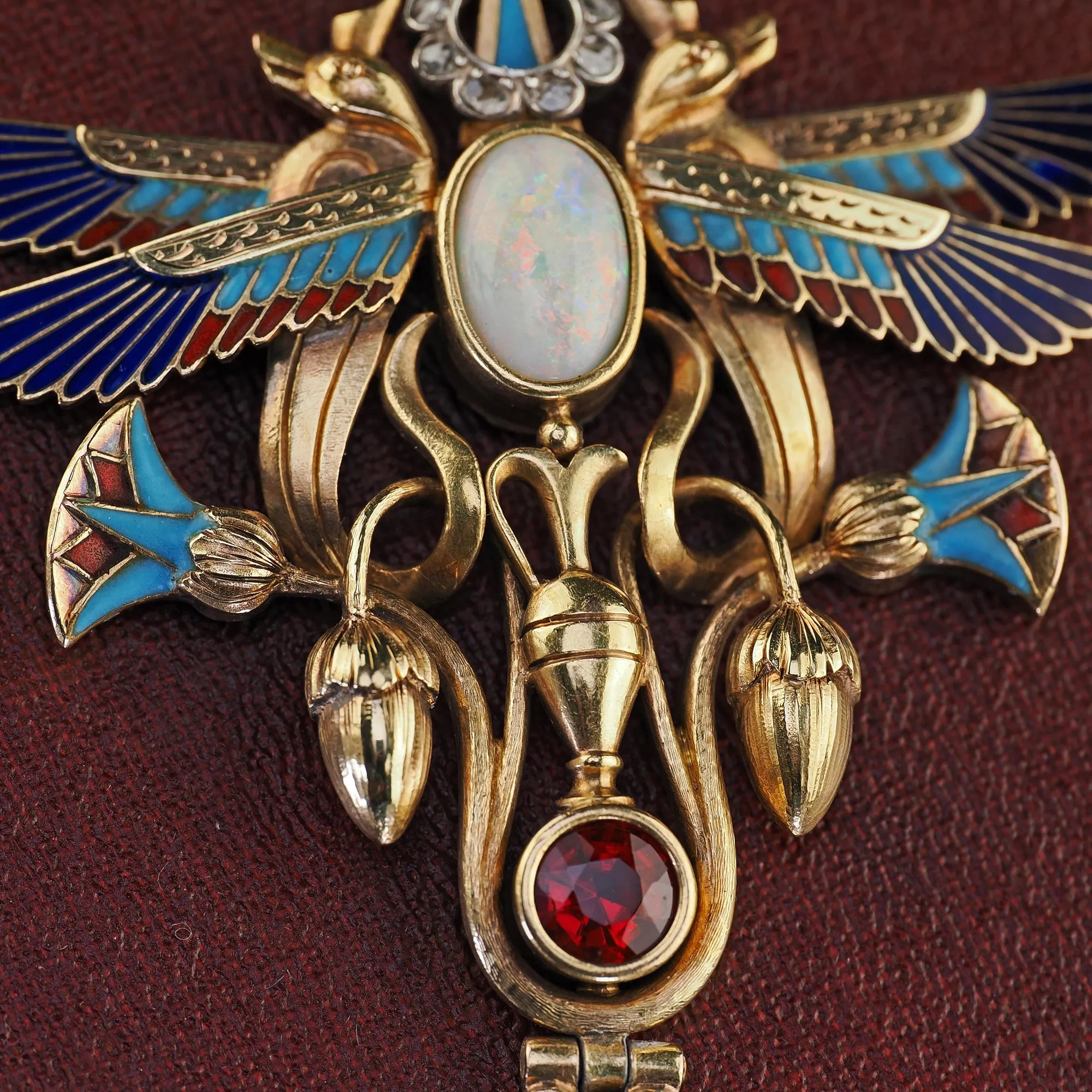 Antique Art Deco Egyptian Revival 18K Yellow Gold Opal Diamond Garnet Pendant