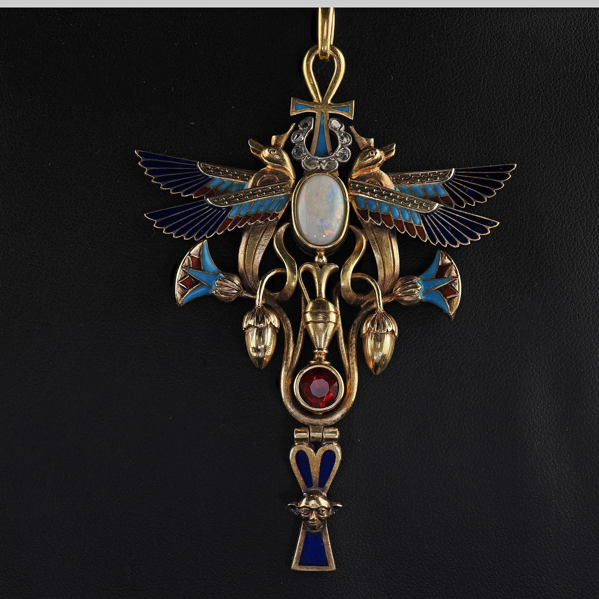 Antique Art Deco Egyptian Revival 18K Yellow Gold Opal Diamond Garnet Pendant