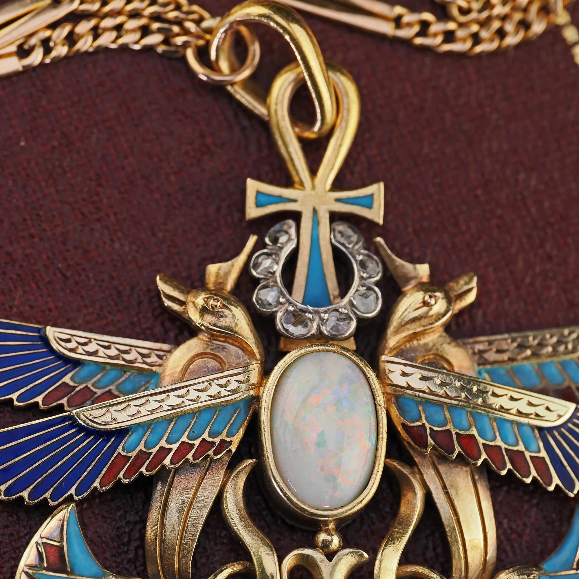 Antique Art Deco Egyptian Revival 18K Yellow Gold Opal Diamond Garnet Pendant
