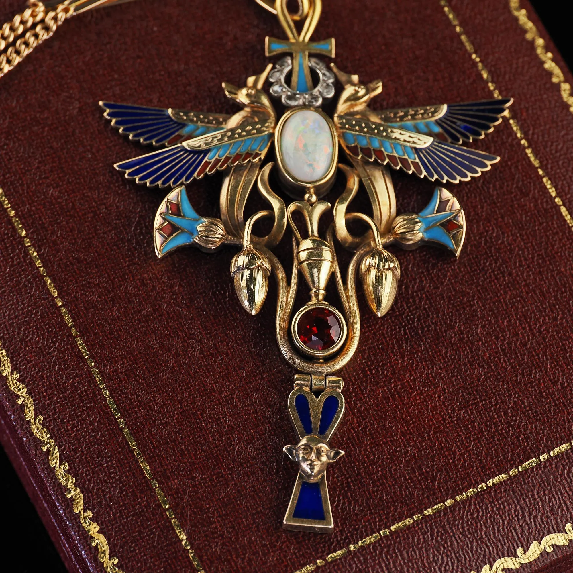 Antique Art Deco Egyptian Revival 18K Yellow Gold Opal Diamond Garnet Pendant