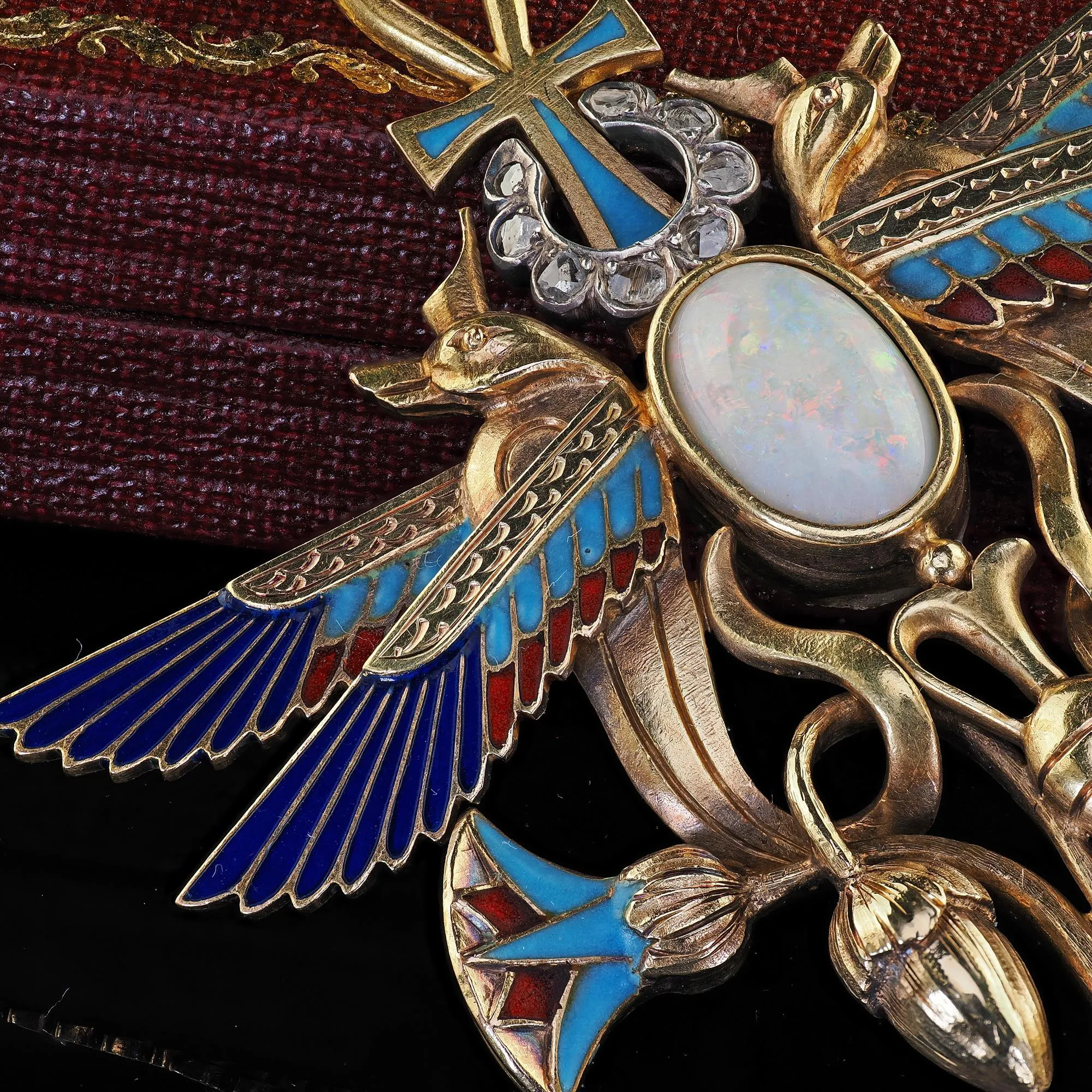 Antique Art Deco Egyptian Revival 18K Yellow Gold Opal Diamond Garnet Pendant