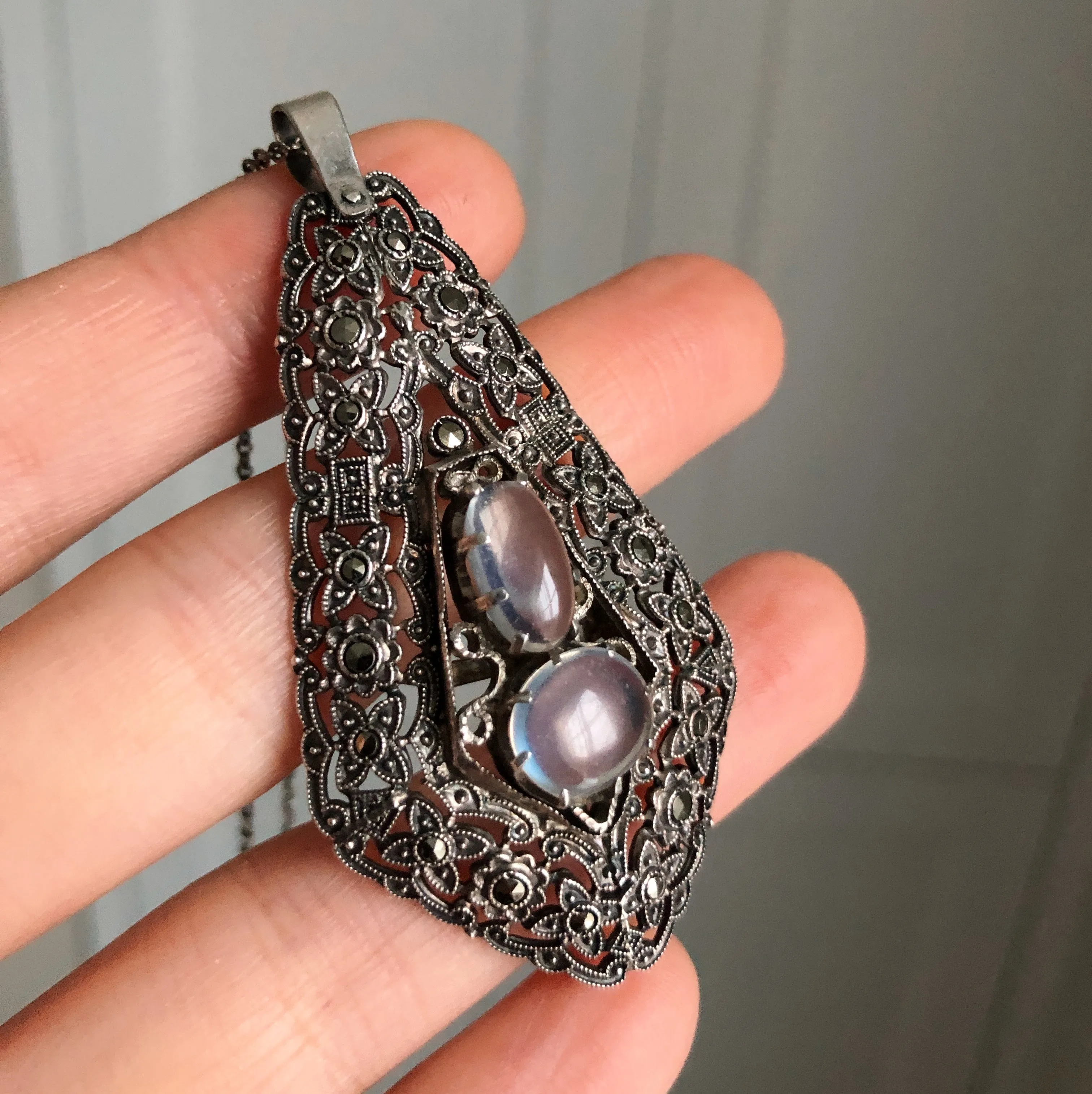 Antique Art Deco Silver Moonstone Marcasite Pendant Necklace