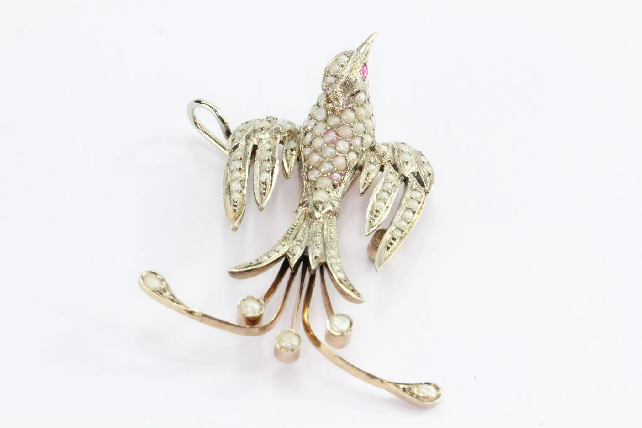 Antique Art Deco Sterling Silver Pearl & Ruby Large Swallow Pendant
