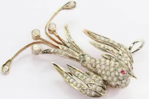 Antique Art Deco Sterling Silver Pearl & Ruby Large Swallow Pendant