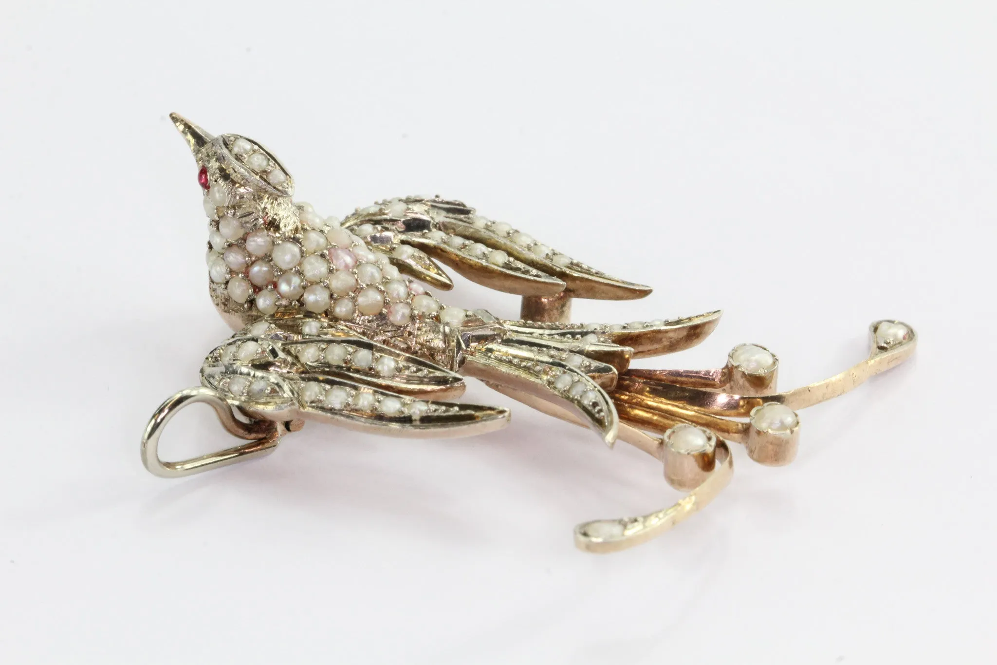 Antique Art Deco Sterling Silver Pearl & Ruby Large Swallow Pendant