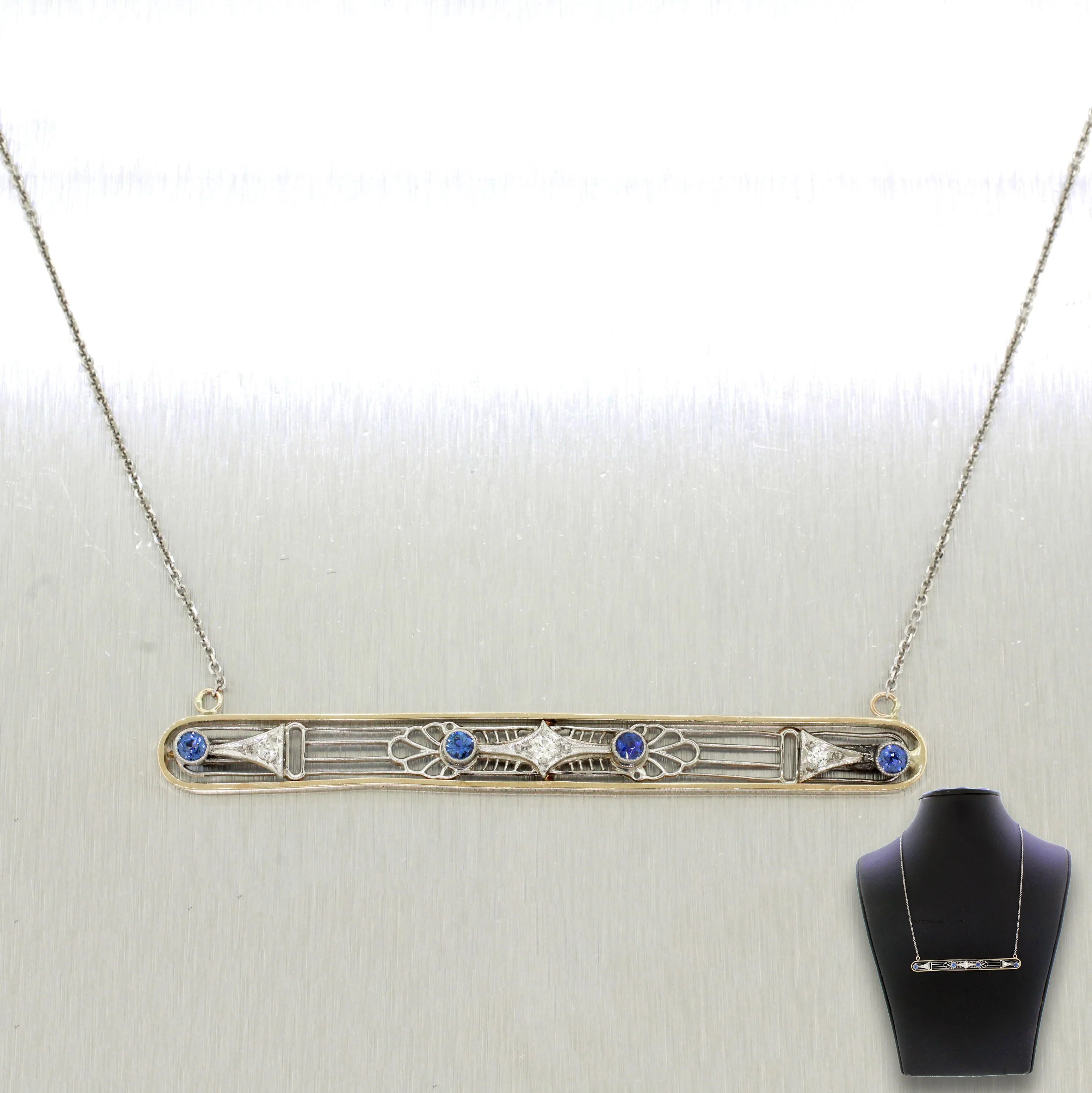 Antique Art Deco Tanzanite & Diamond Bar Pendant - 14k White Gold Necklace - 18"