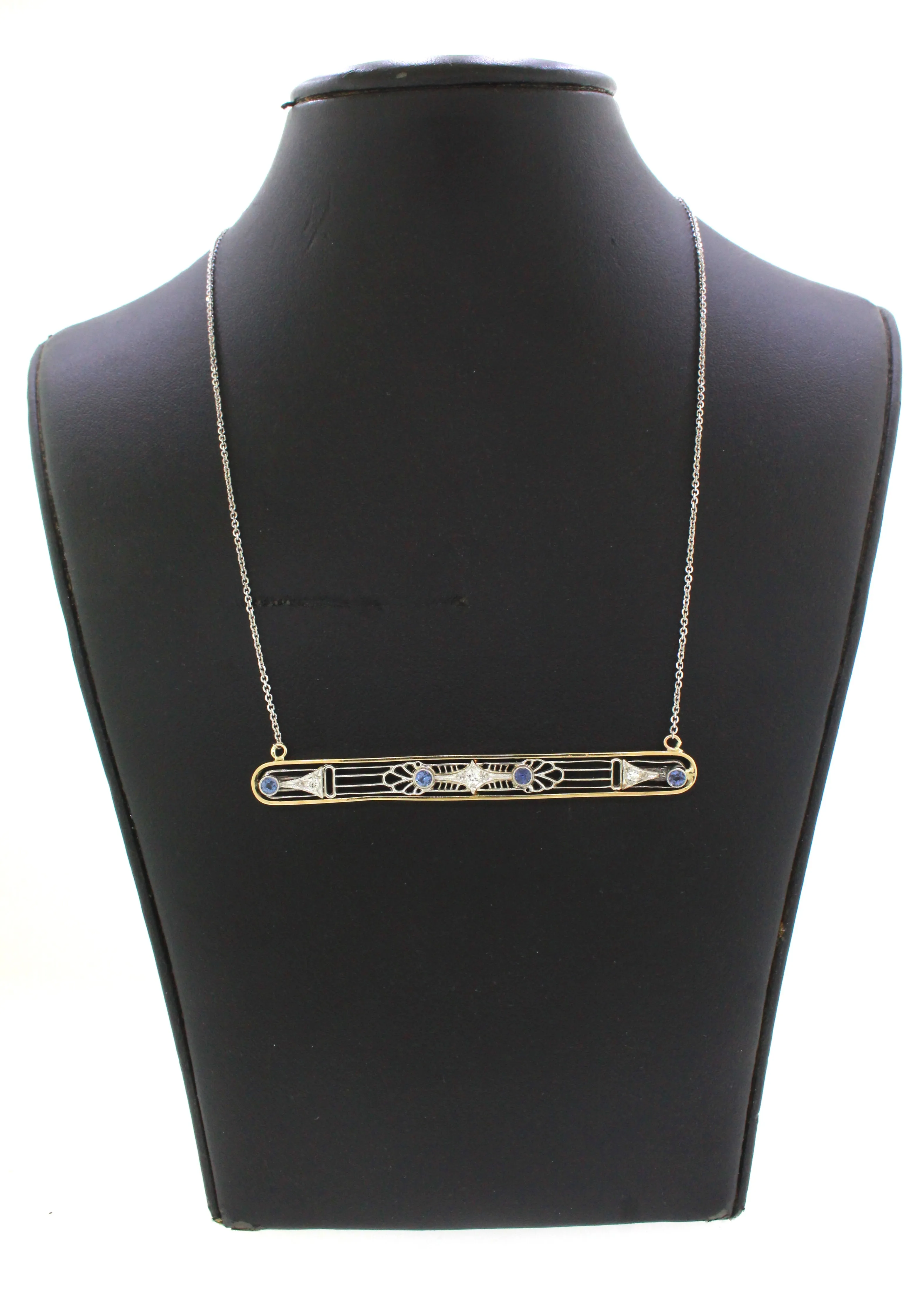 Antique Art Deco Tanzanite & Diamond Bar Pendant - 14k White Gold Necklace - 18"