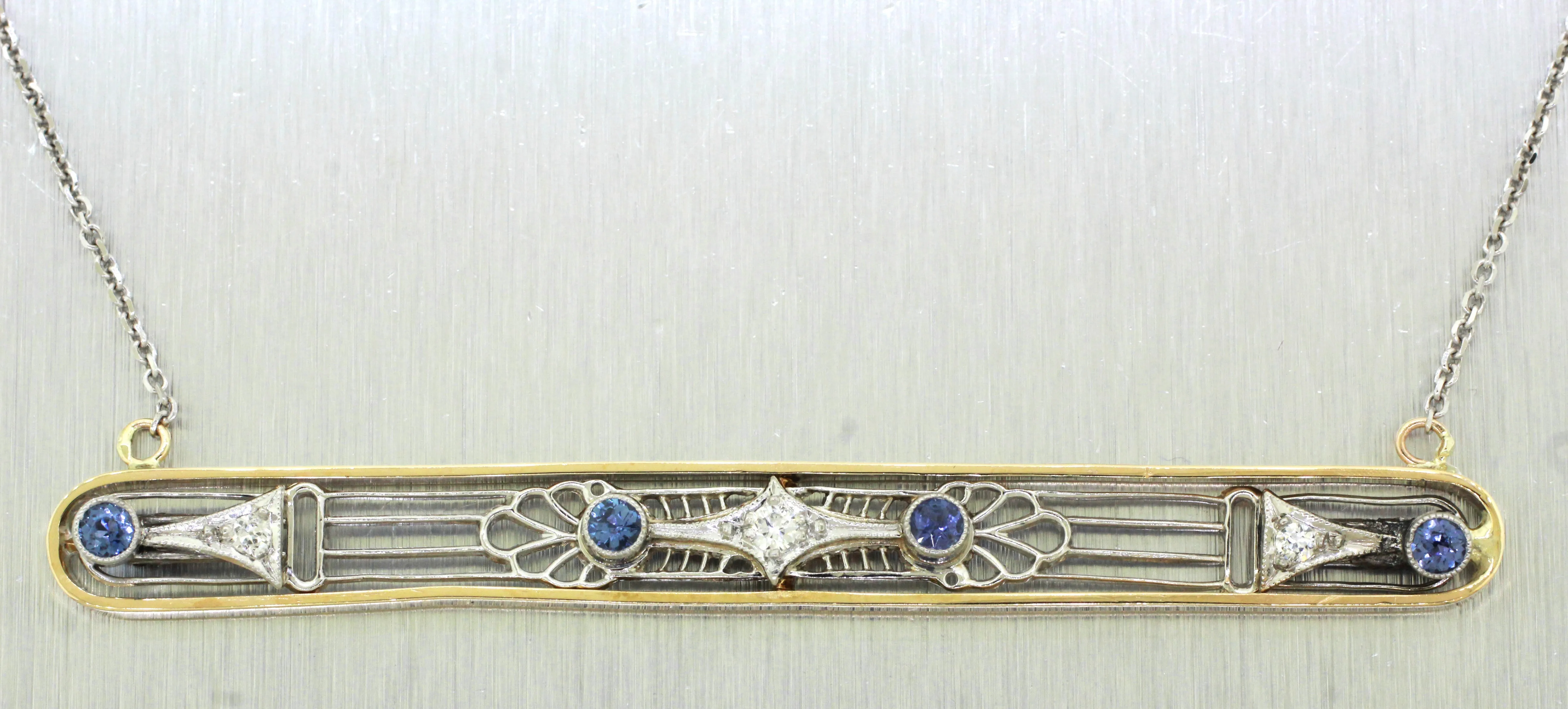 Antique Art Deco Tanzanite & Diamond Bar Pendant - 14k White Gold Necklace - 18"
