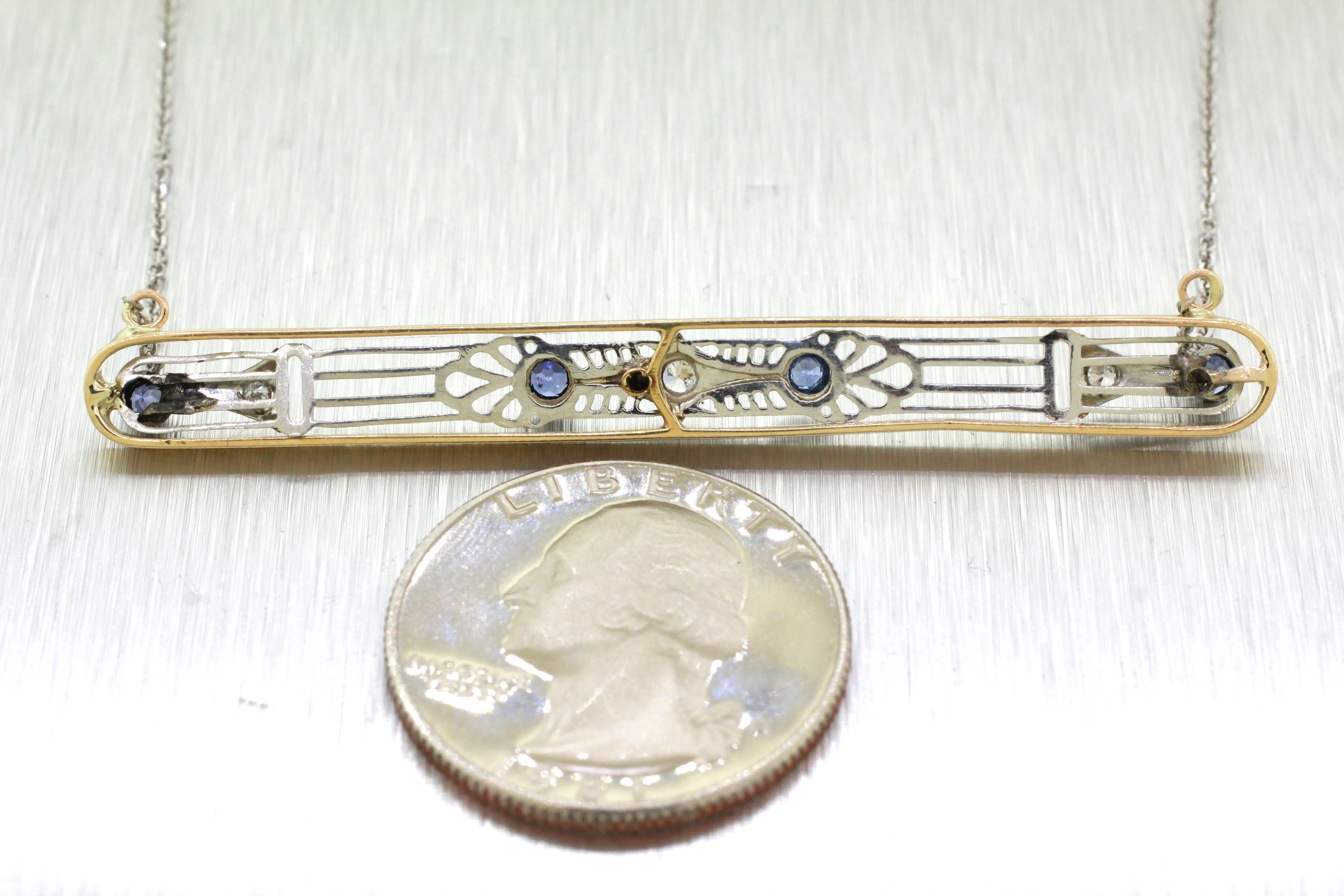 Antique Art Deco Tanzanite & Diamond Bar Pendant - 14k White Gold Necklace - 18"