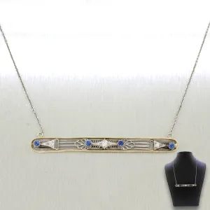 Antique Art Deco Tanzanite & Diamond Bar Pendant - 14k White Gold Necklace - 18"