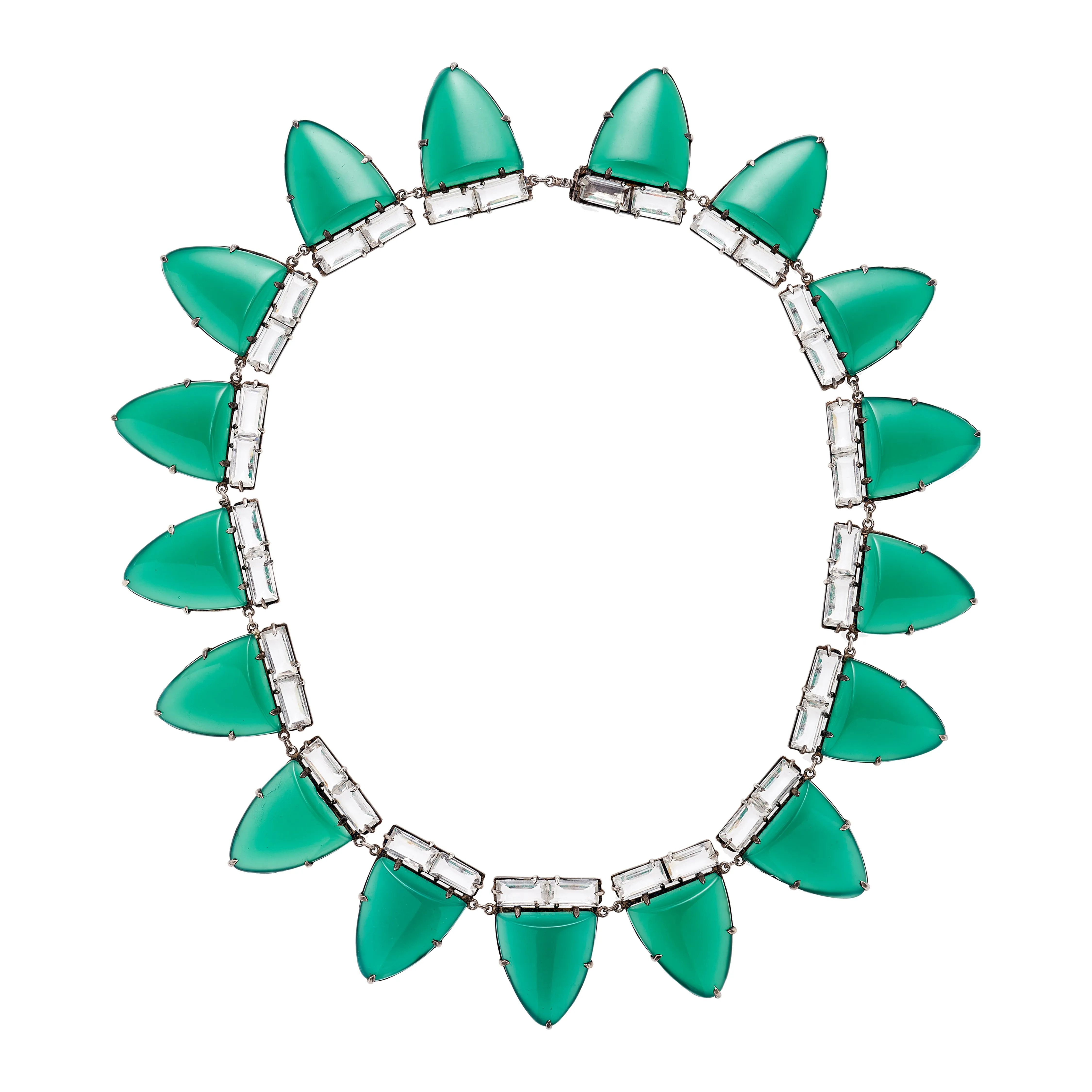 Antique Art Deco White Gold Chrysoprase and Rock Crystal Collar Necklace