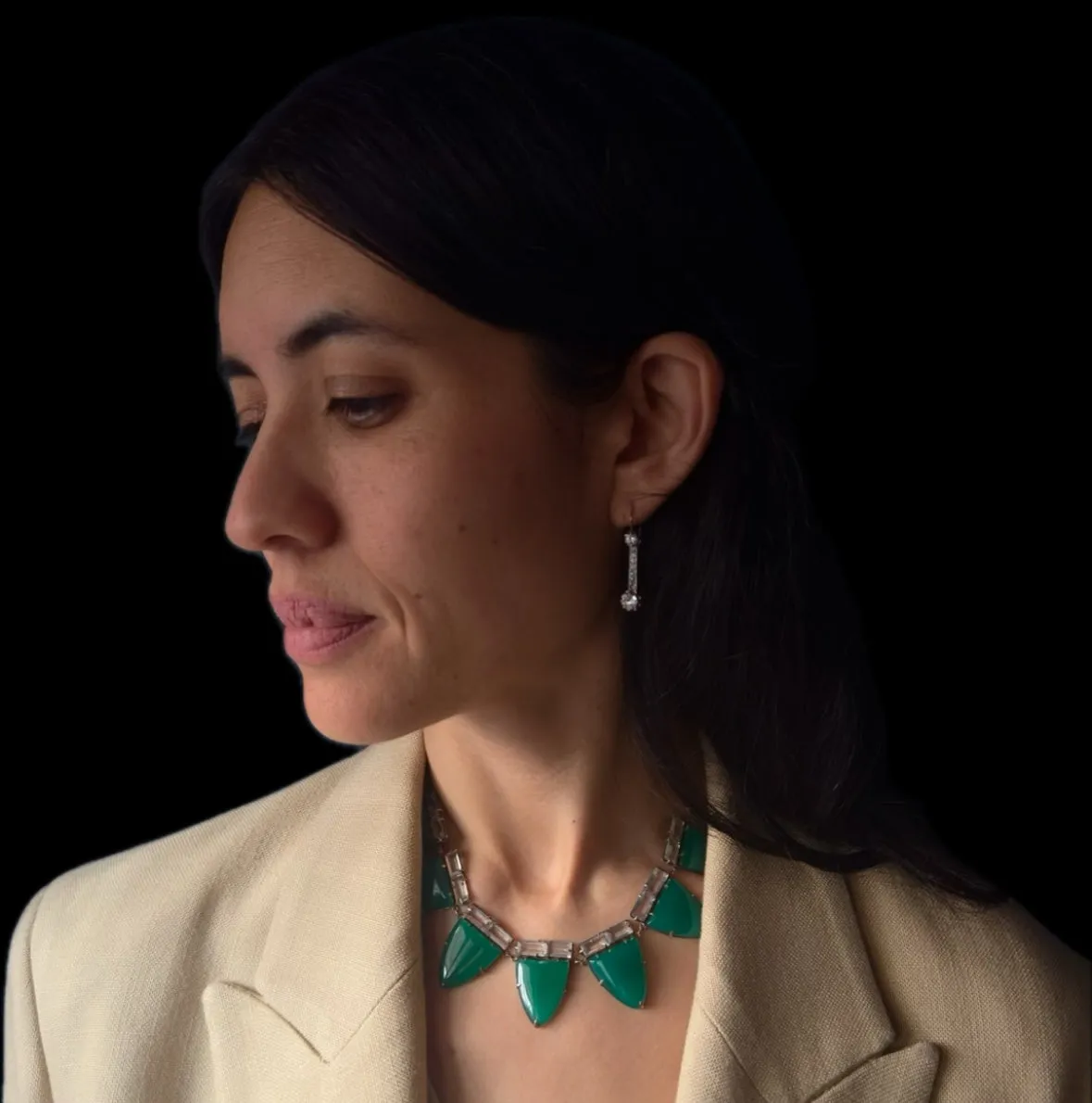 Antique Art Deco White Gold Chrysoprase and Rock Crystal Collar Necklace