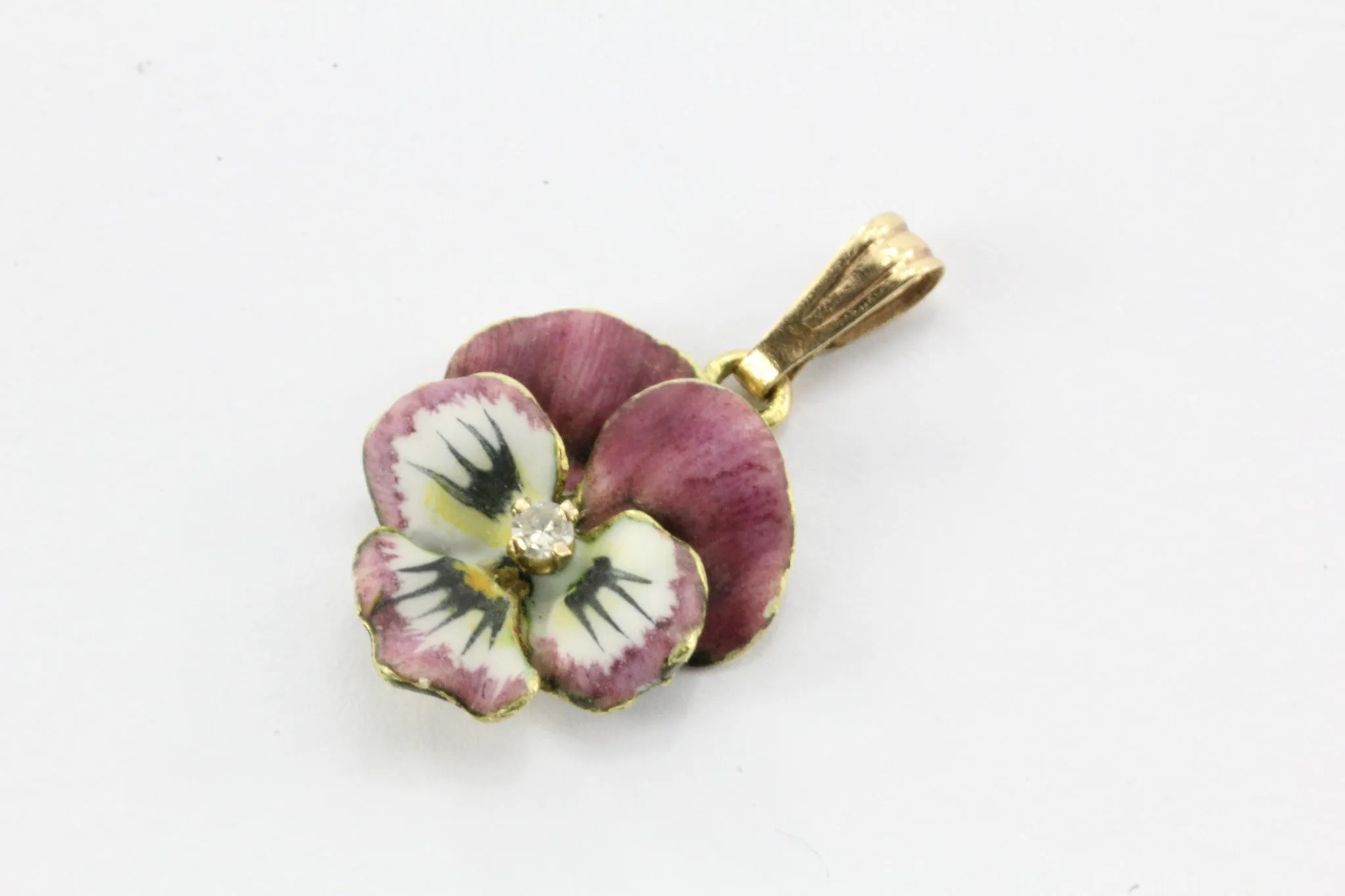Antique Art Nouveau 14K Gold Diamond & Enamel Pansy Flower Pendant