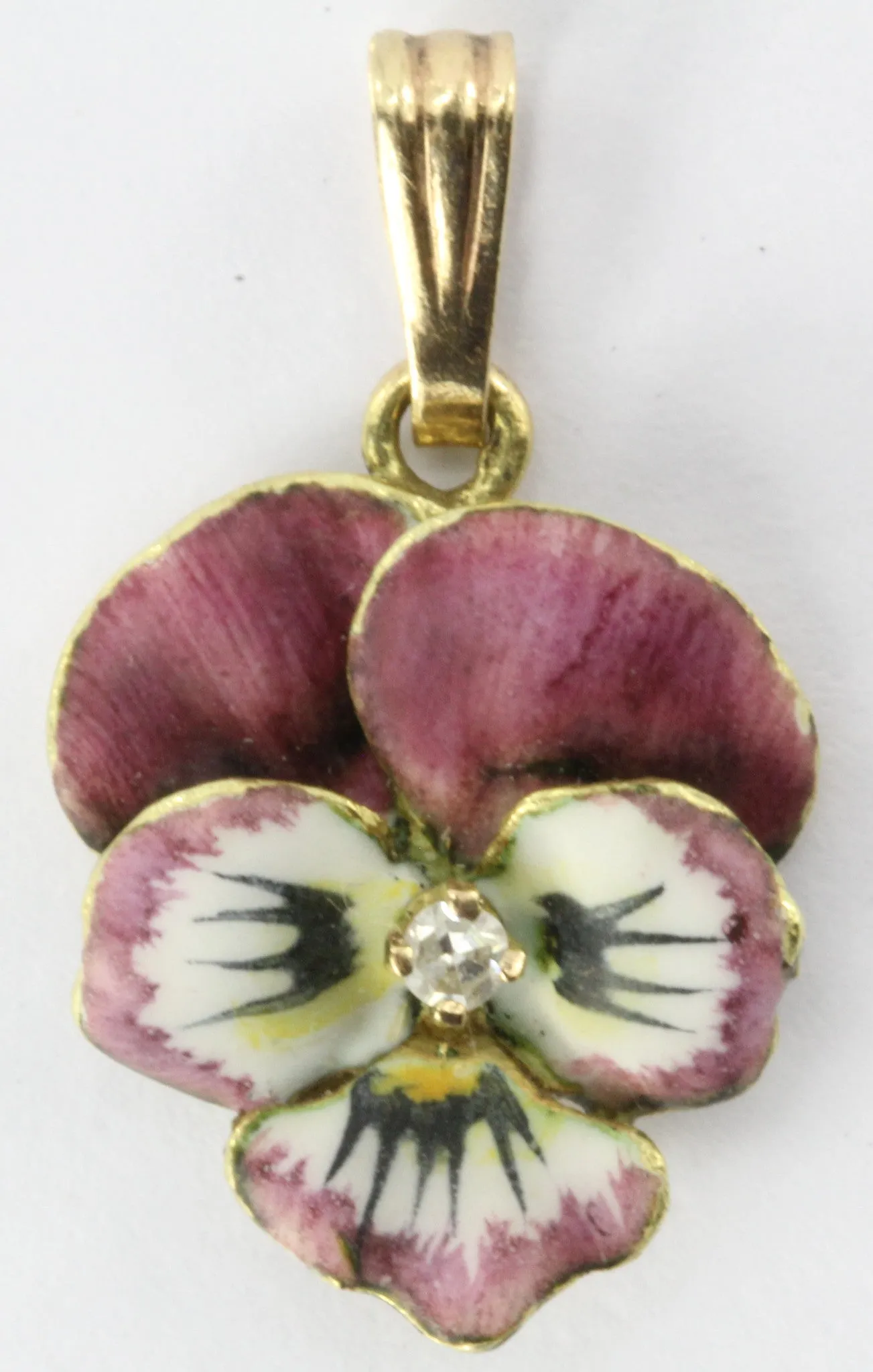 Antique Art Nouveau 14K Gold Diamond & Enamel Pansy Flower Pendant