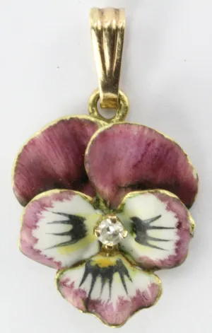 Antique Art Nouveau 14K Gold Diamond & Enamel Pansy Flower Pendant