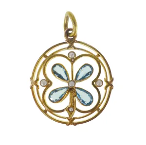 Antique Rolled Gold Blue Glass Clover Pendant
