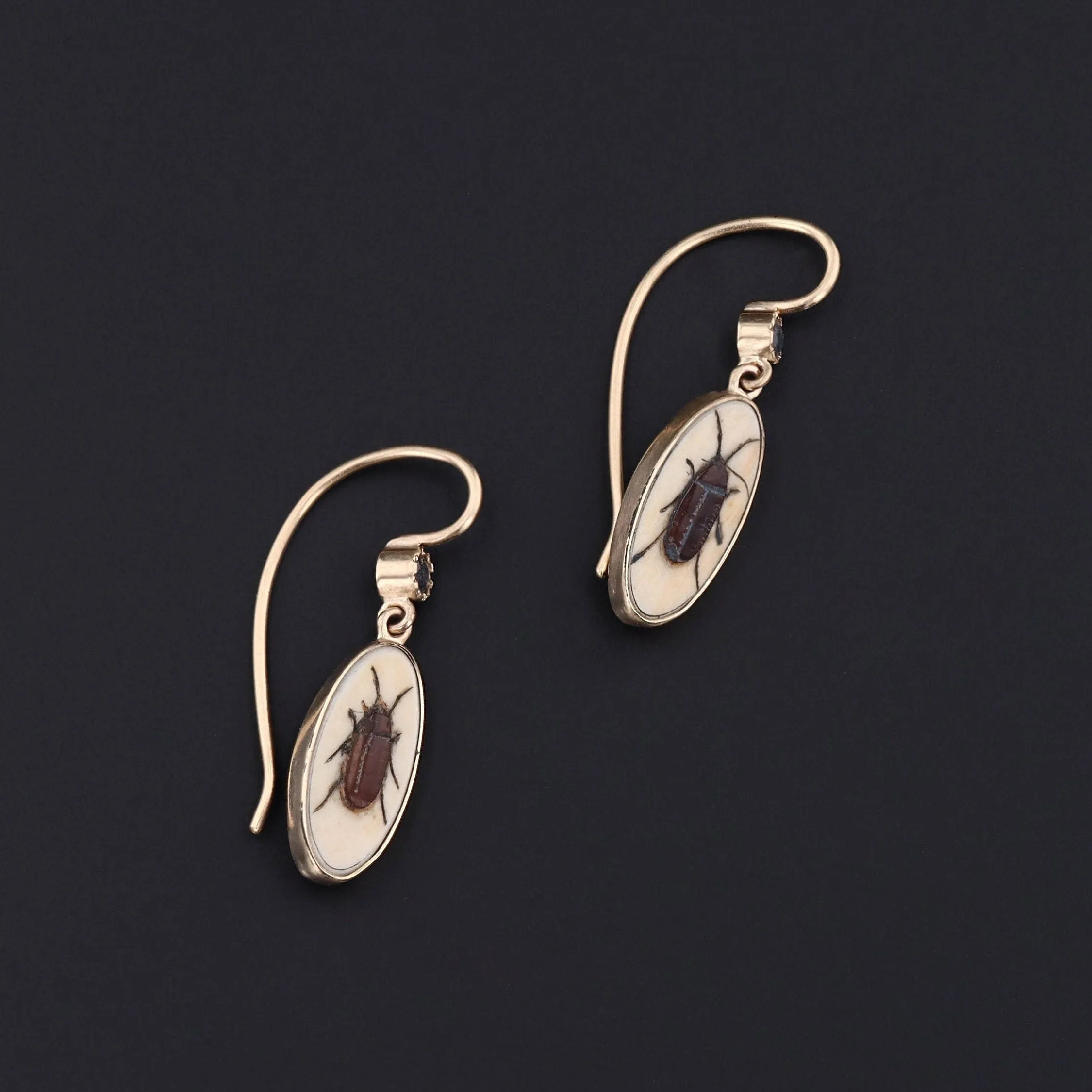 Antique Shibayama Insect Conversion Earrings of 14k Gold