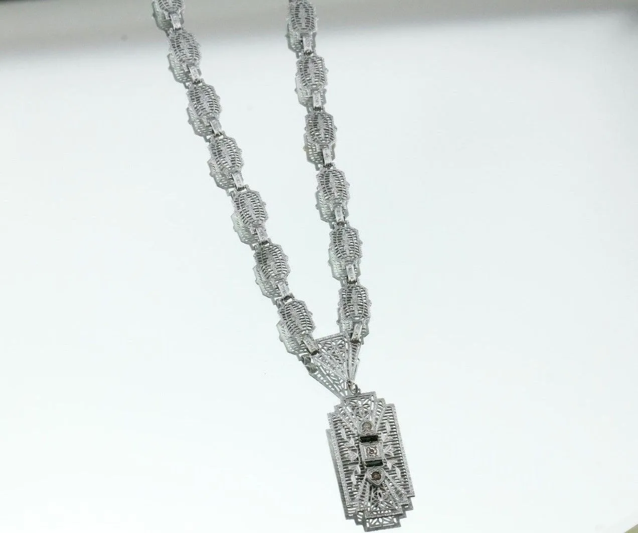 Antique Sterling Silver Art Deco Rhodium Plated Necklace