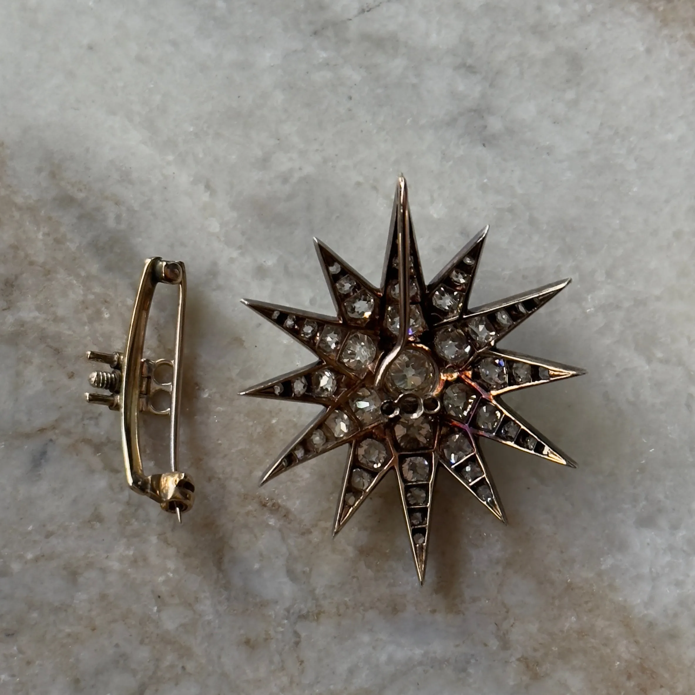 Antique Victorian 14k/Silver Diamond Star Pin/Pendant
