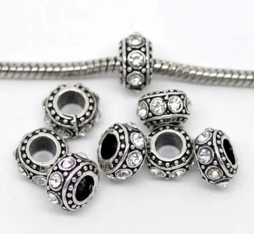 April Birthstone Antique Silver Rhinestone Spacer Beads Fit European Bracelet
