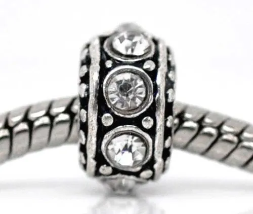 April Birthstone Antique Silver Rhinestone Spacer Beads Fit European Bracelet