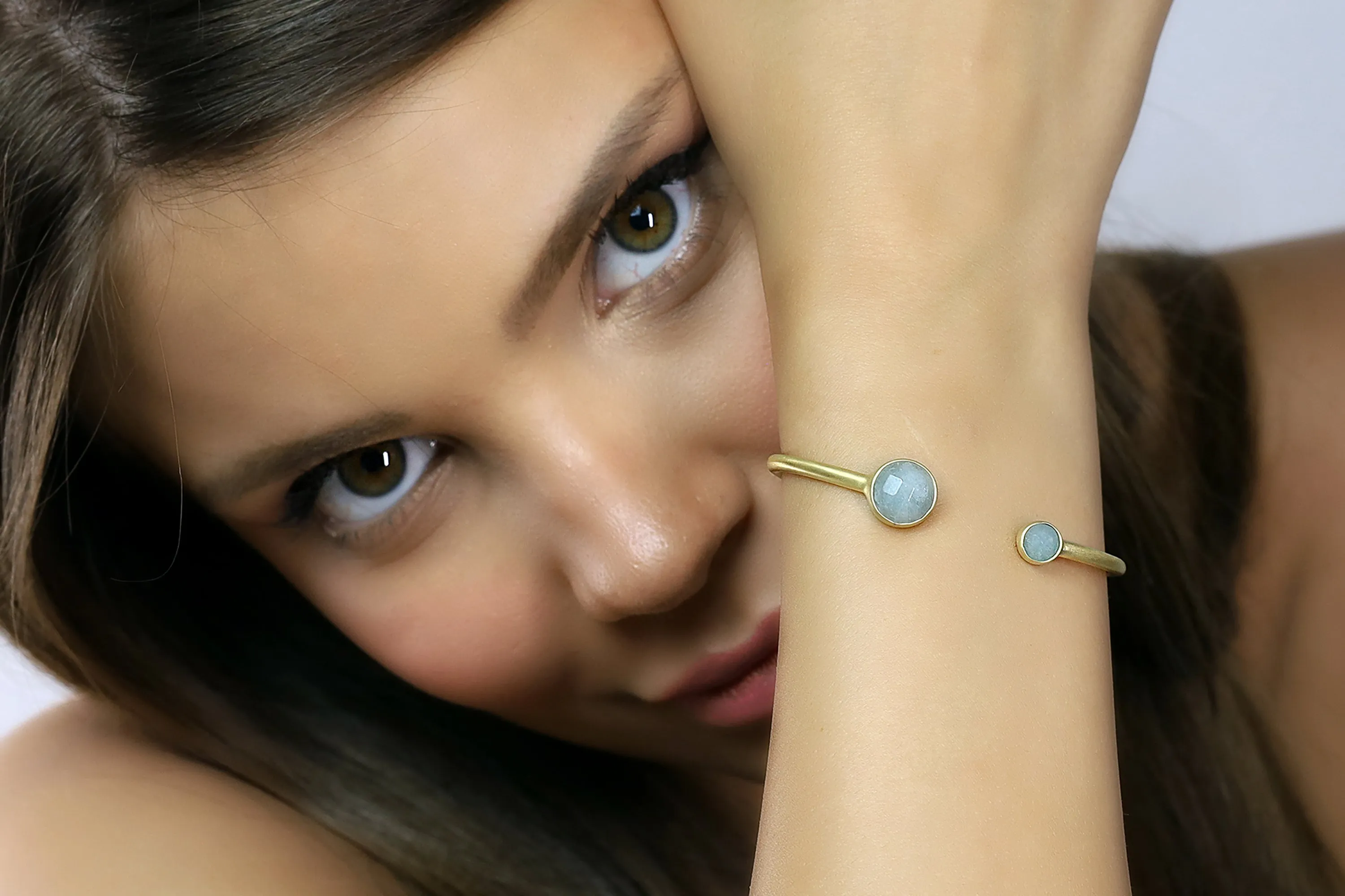 Aquamarine Multi Stone Bezel Set Gold Open Cuff Bracelet