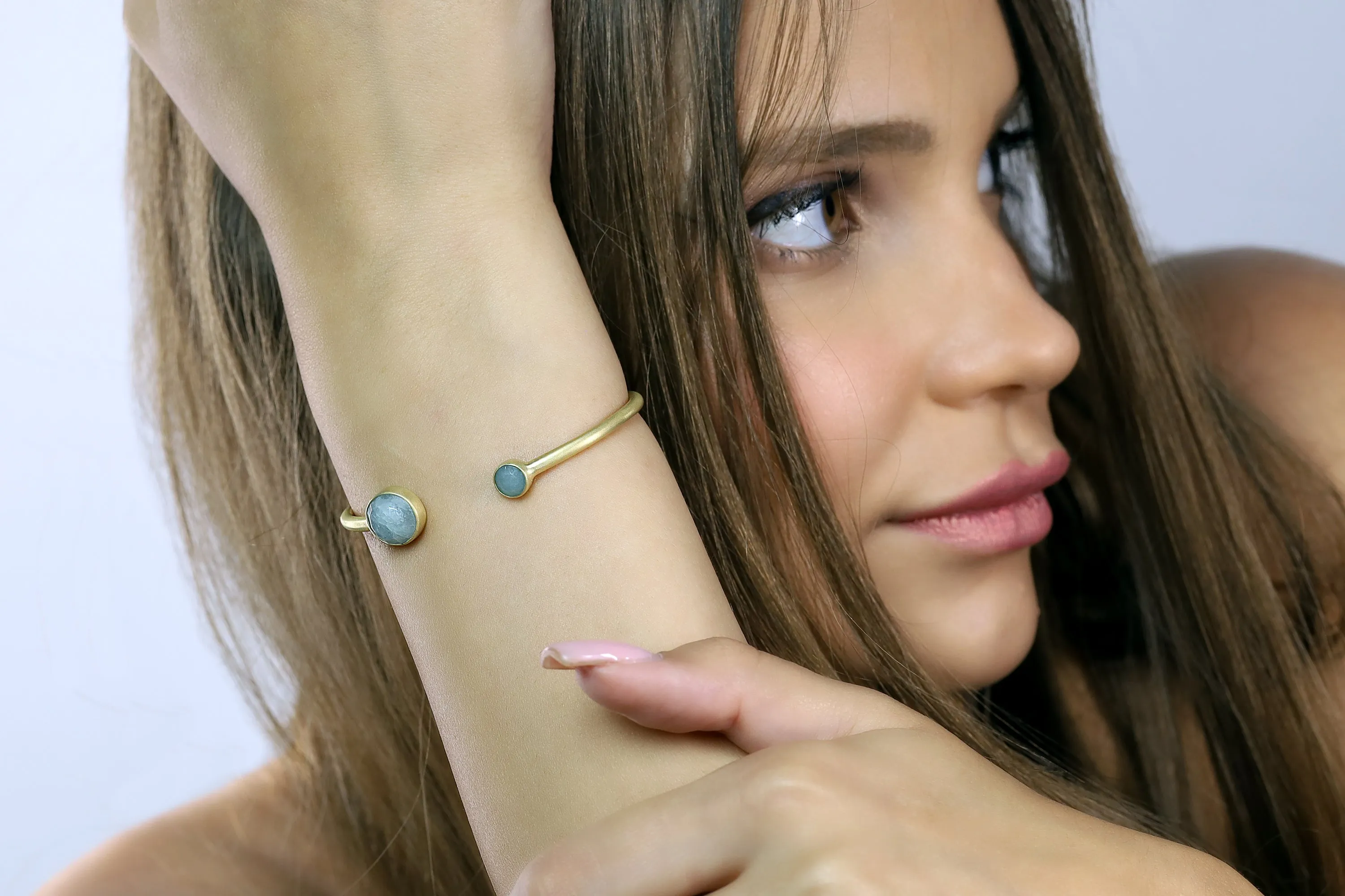 Aquamarine Multi Stone Bezel Set Gold Open Cuff Bracelet