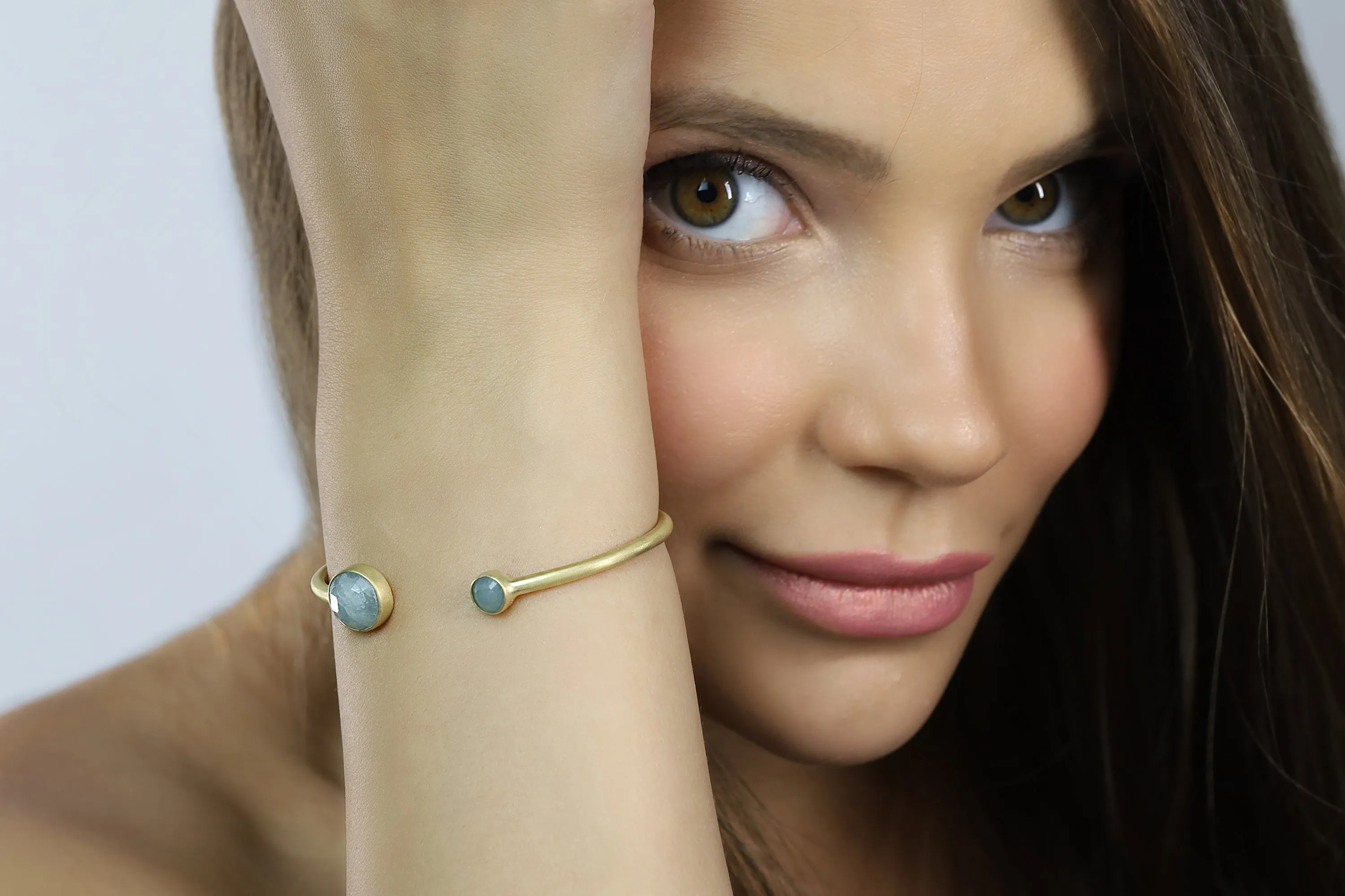 Aquamarine Multi Stone Bezel Set Gold Open Cuff Bracelet