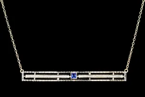 Art Deco 10K Yellow Gold Carat Synthetic Sapphire Bar Pin Conversion Necklace