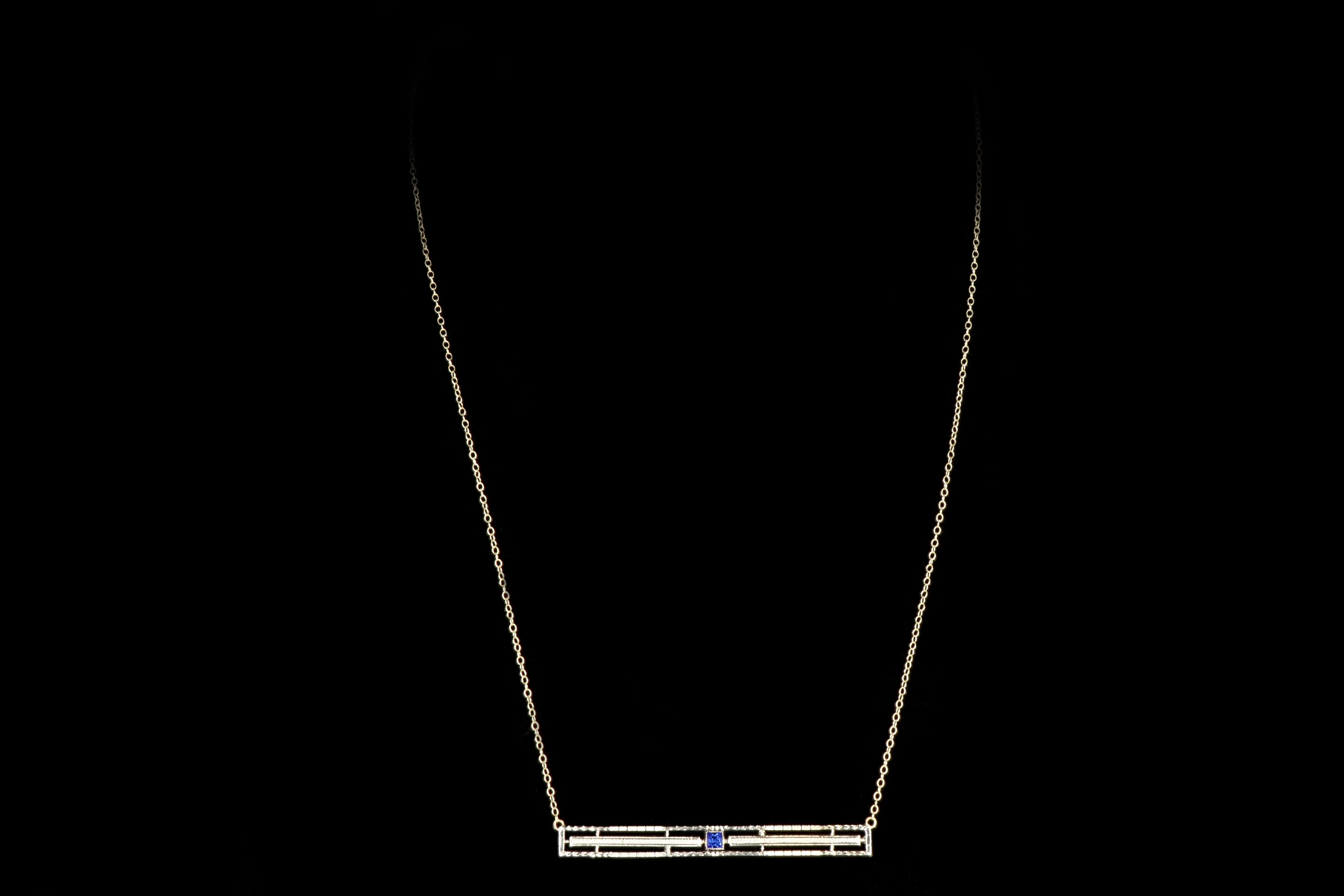 Art Deco 10K Yellow Gold Carat Synthetic Sapphire Bar Pin Conversion Necklace