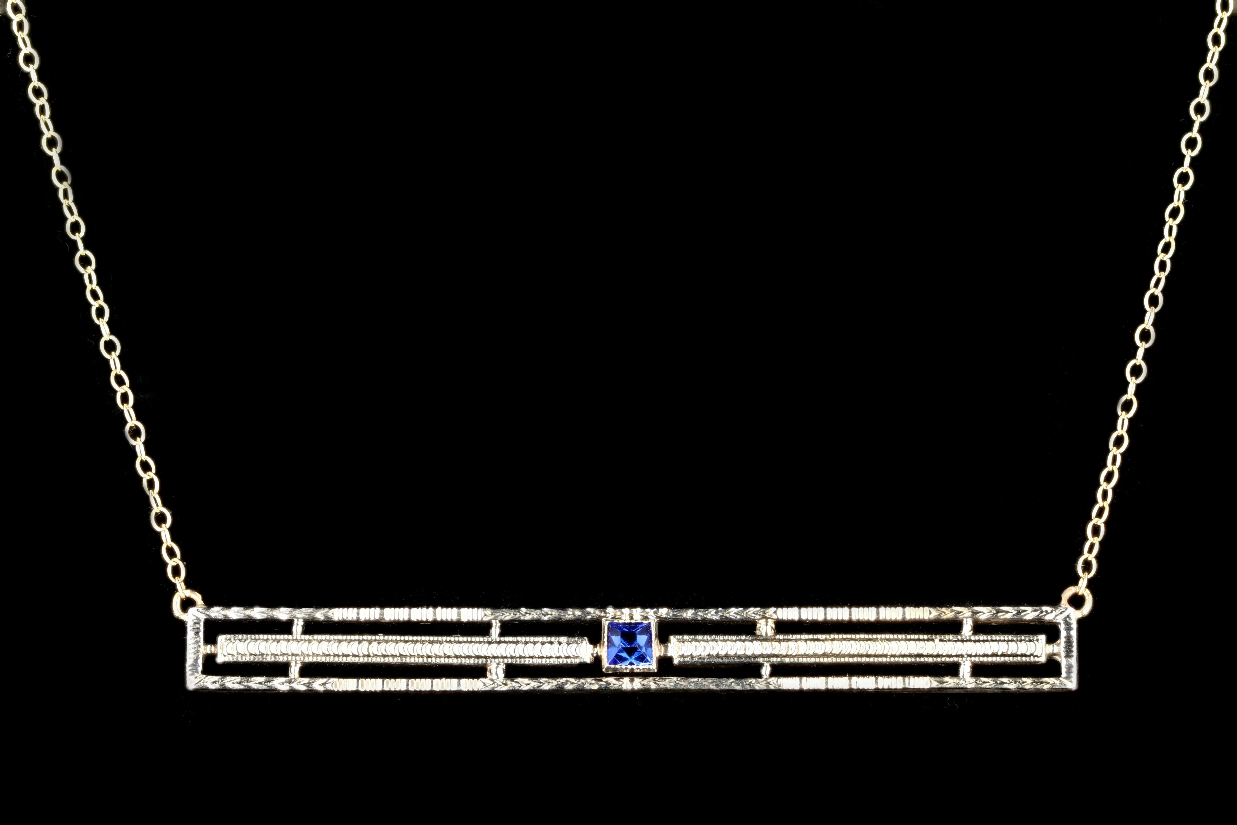 Art Deco 10K Yellow Gold Carat Synthetic Sapphire Bar Pin Conversion Necklace