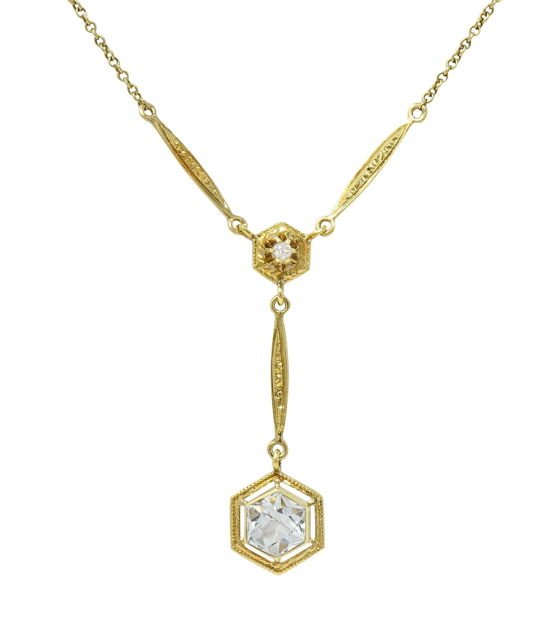 Art Deco 1.10 CTW Hexagonal Aquamarine Diamond 14 Karat Yellow Gold Antique Lavalier Drop Necklace