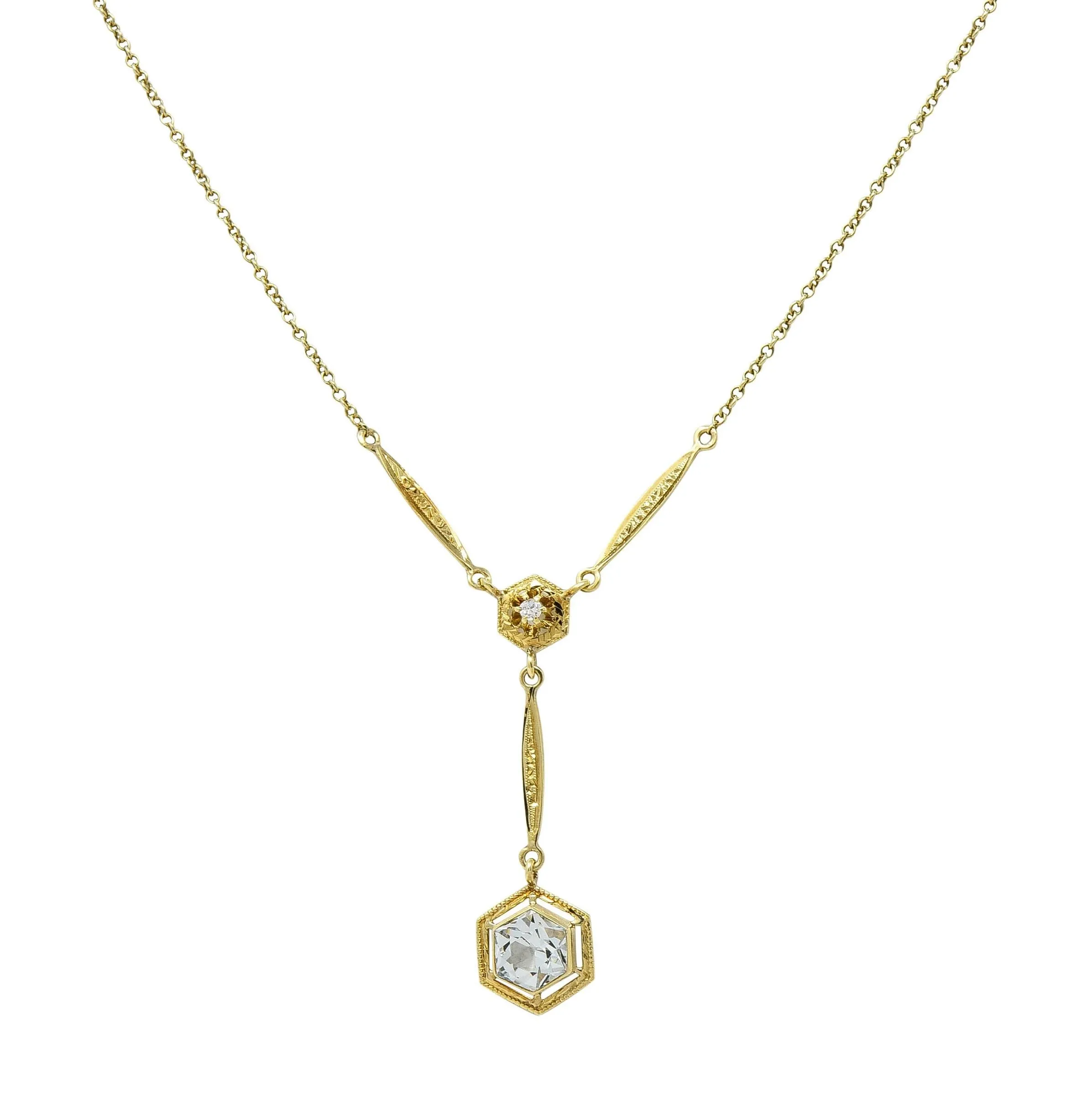 Art Deco 1.10 CTW Hexagonal Aquamarine Diamond 14 Karat Yellow Gold Antique Lavalier Drop Necklace
