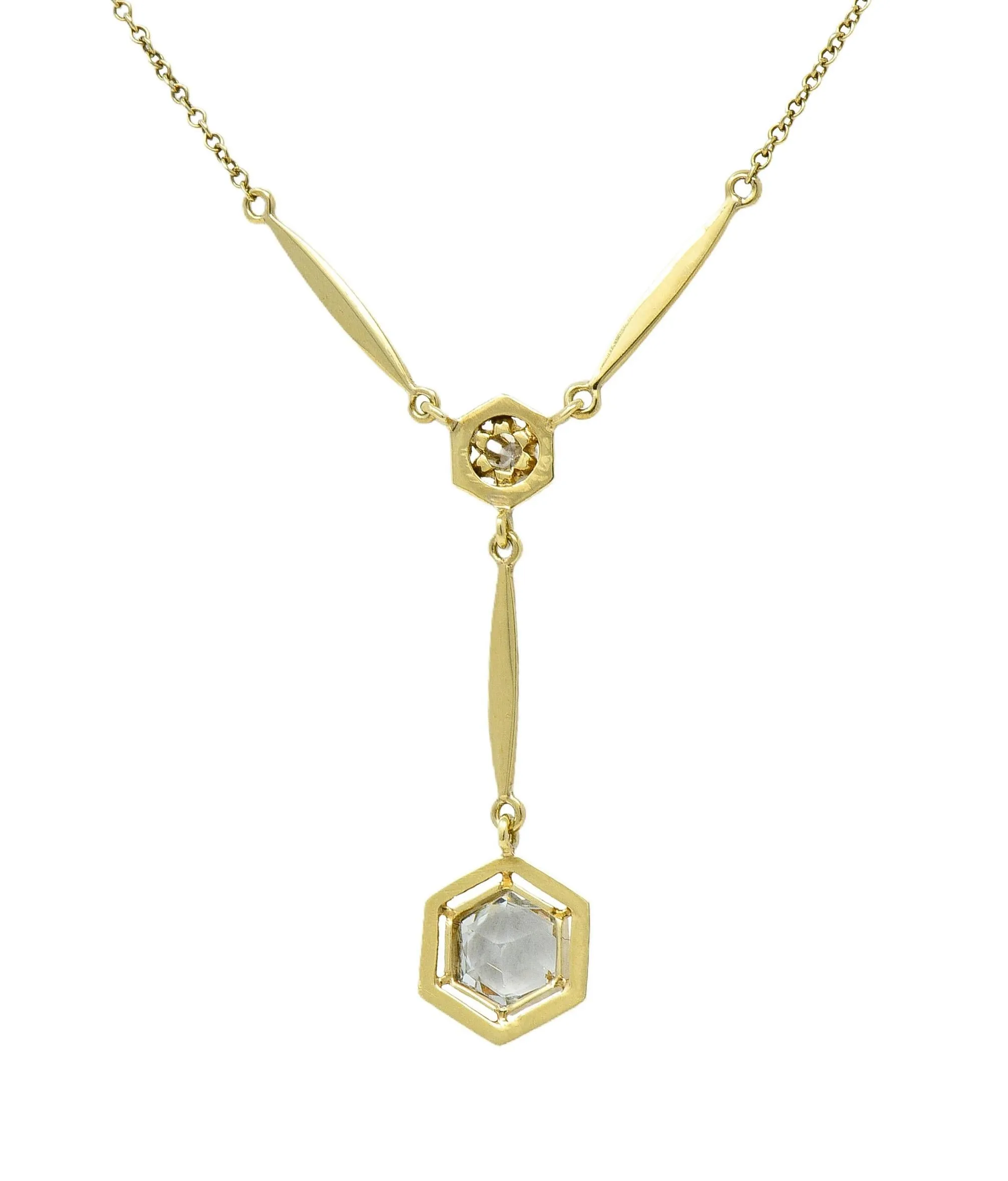 Art Deco 1.10 CTW Hexagonal Aquamarine Diamond 14 Karat Yellow Gold Antique Lavalier Drop Necklace