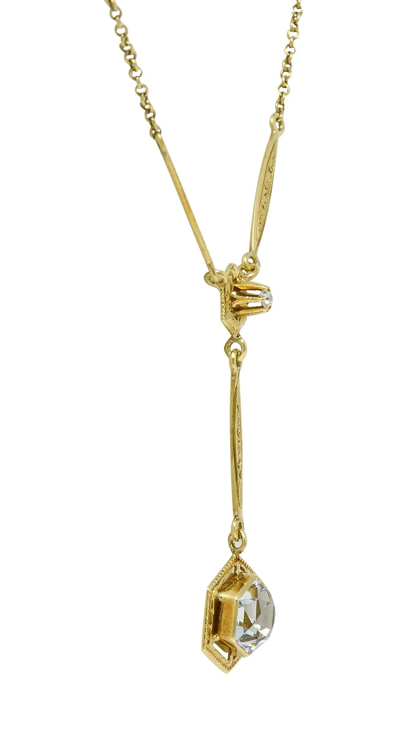 Art Deco 1.10 CTW Hexagonal Aquamarine Diamond 14 Karat Yellow Gold Antique Lavalier Drop Necklace