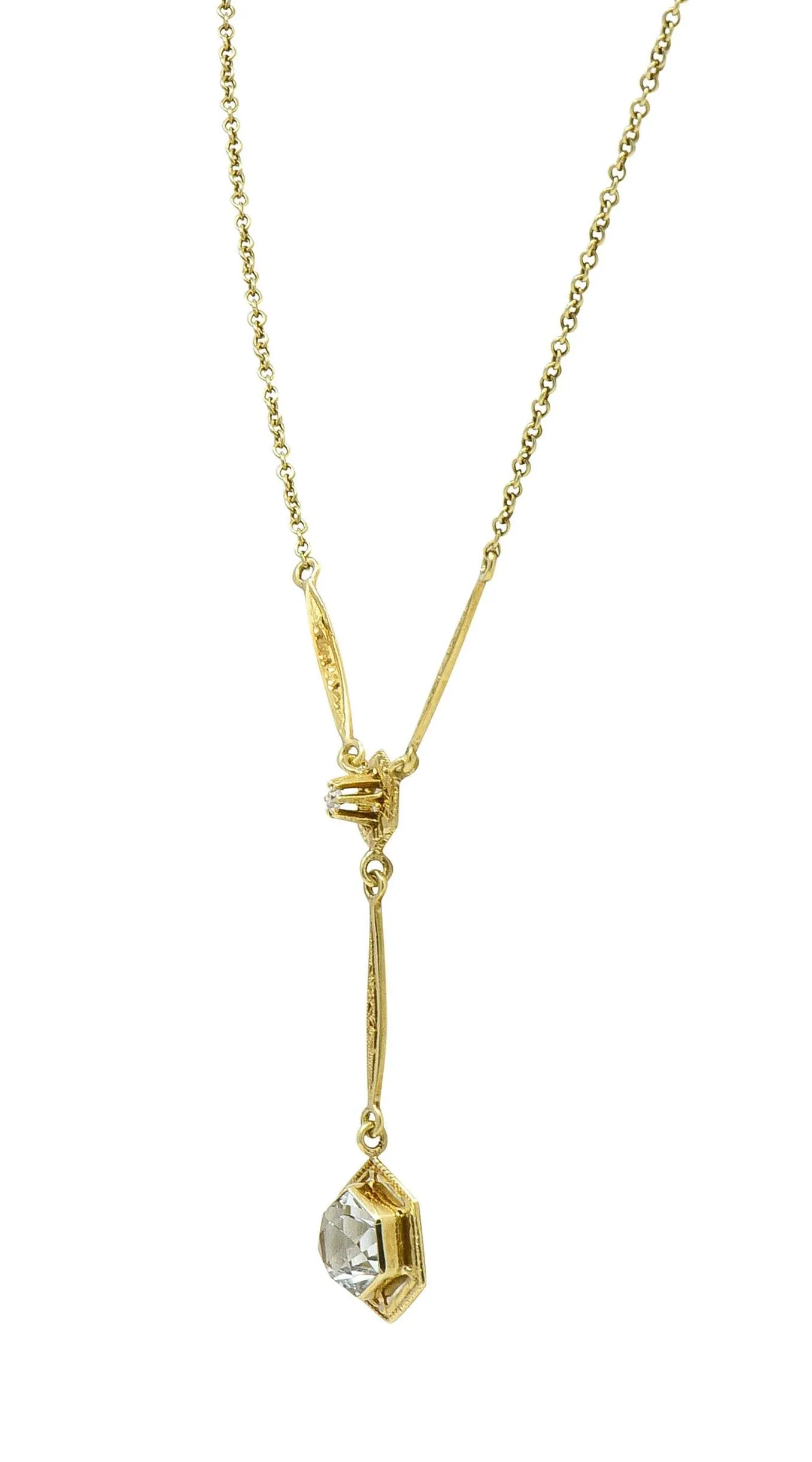 Art Deco 1.10 CTW Hexagonal Aquamarine Diamond 14 Karat Yellow Gold Antique Lavalier Drop Necklace