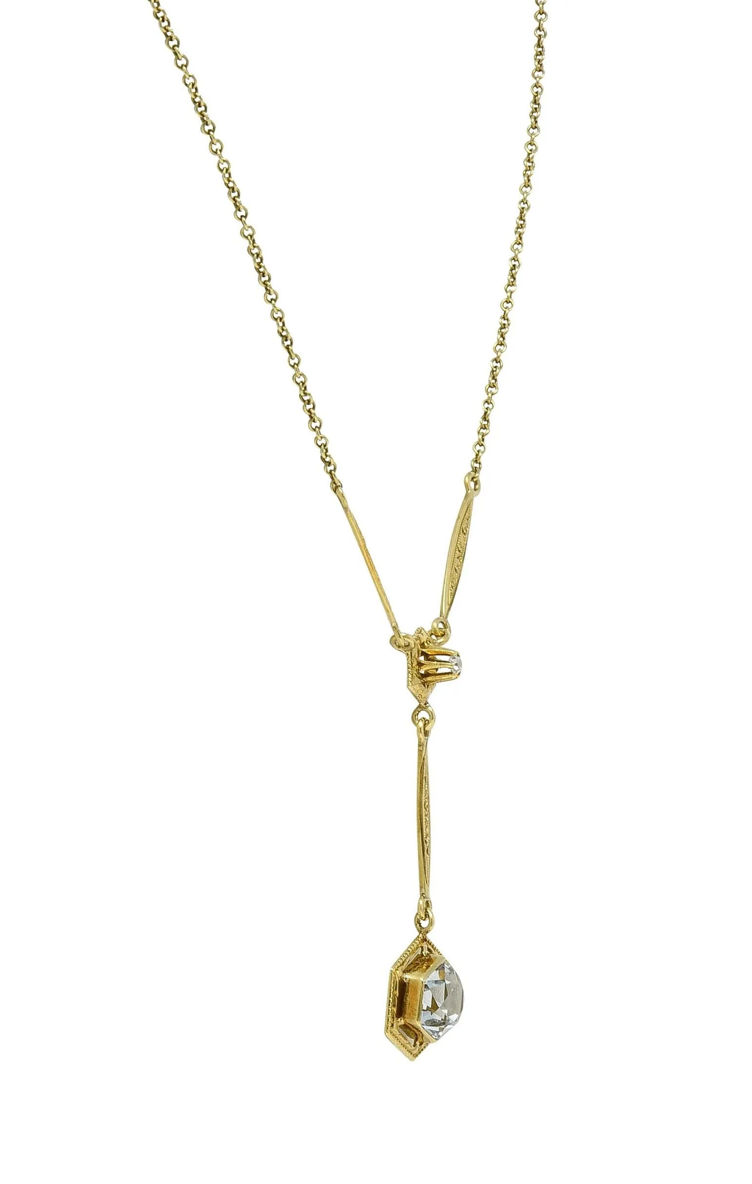 Art Deco 1.10 CTW Hexagonal Aquamarine Diamond 14 Karat Yellow Gold Antique Lavalier Drop Necklace