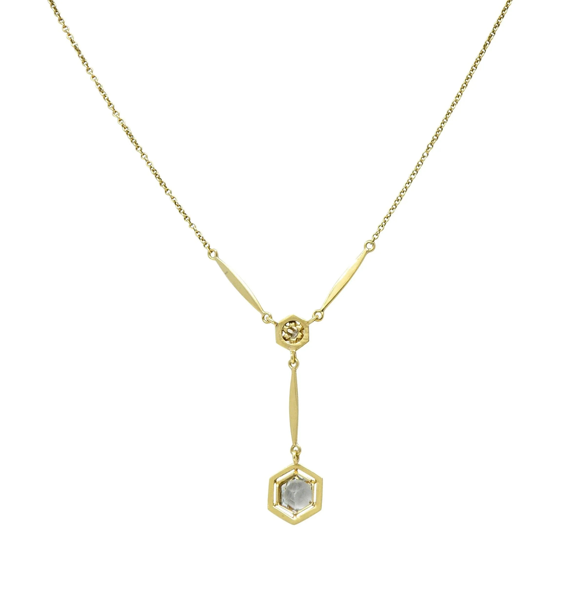 Art Deco 1.10 CTW Hexagonal Aquamarine Diamond 14 Karat Yellow Gold Antique Lavalier Drop Necklace