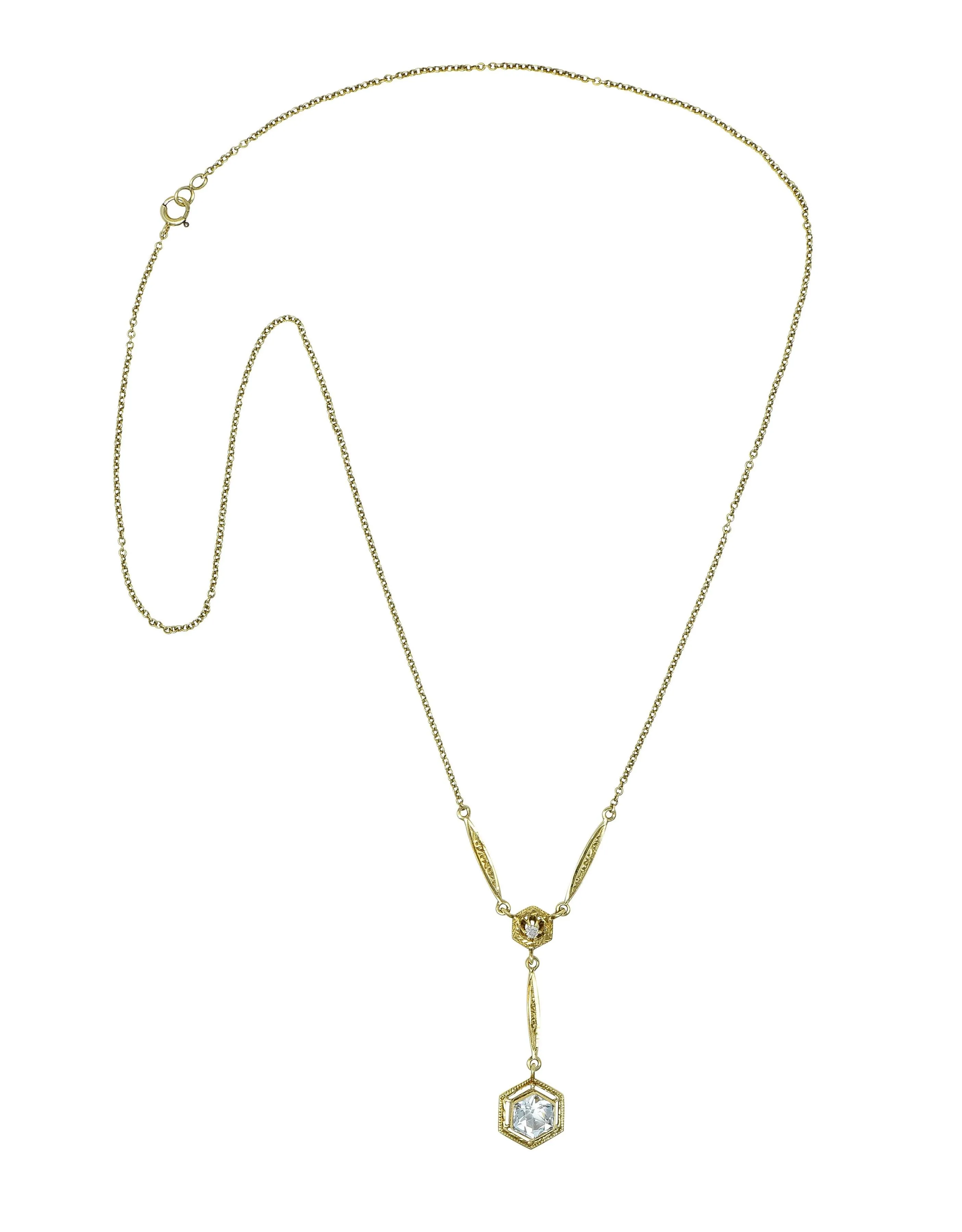Art Deco 1.10 CTW Hexagonal Aquamarine Diamond 14 Karat Yellow Gold Antique Lavalier Drop Necklace