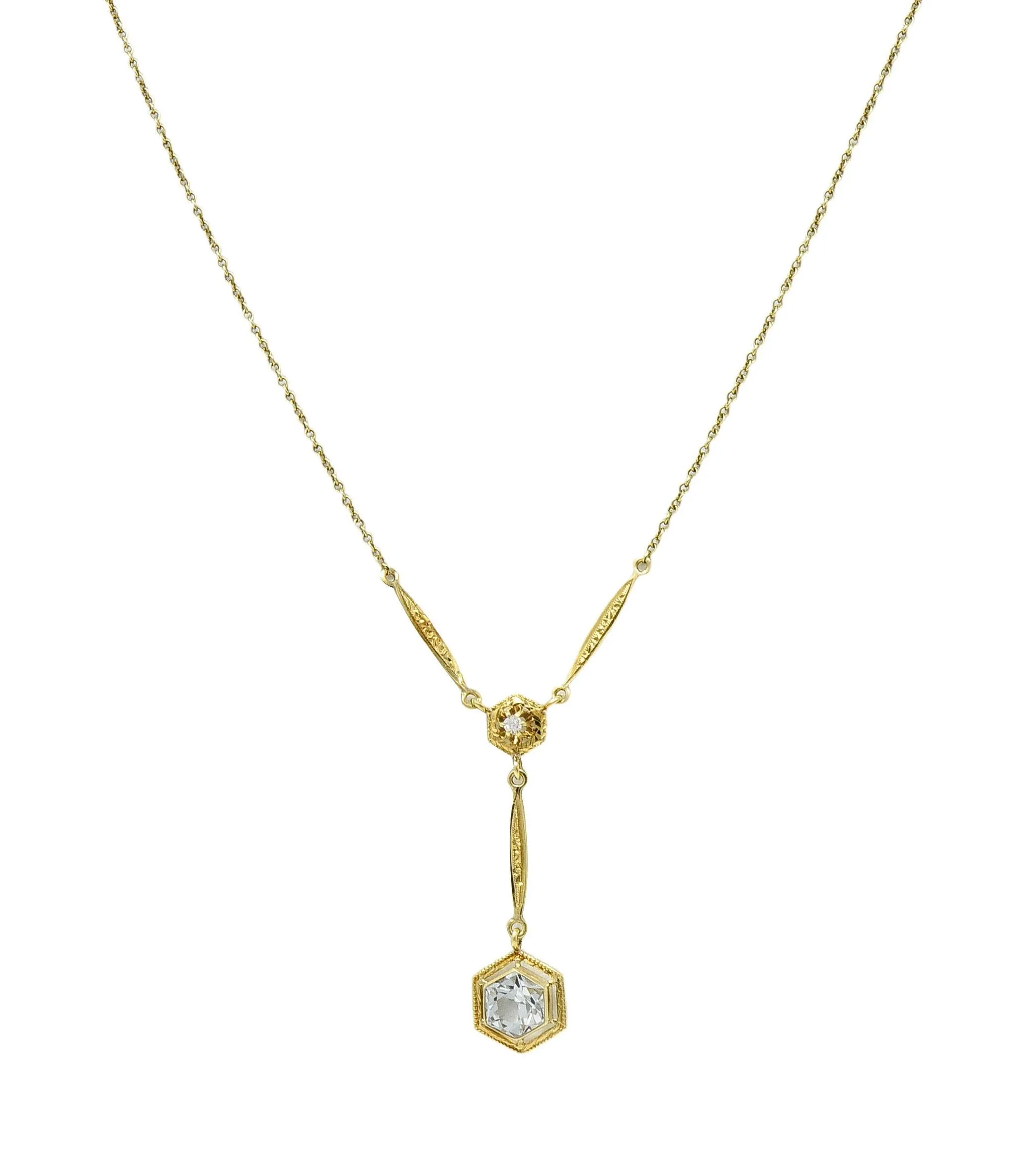Art Deco 1.10 CTW Hexagonal Aquamarine Diamond 14 Karat Yellow Gold Antique Lavalier Drop Necklace