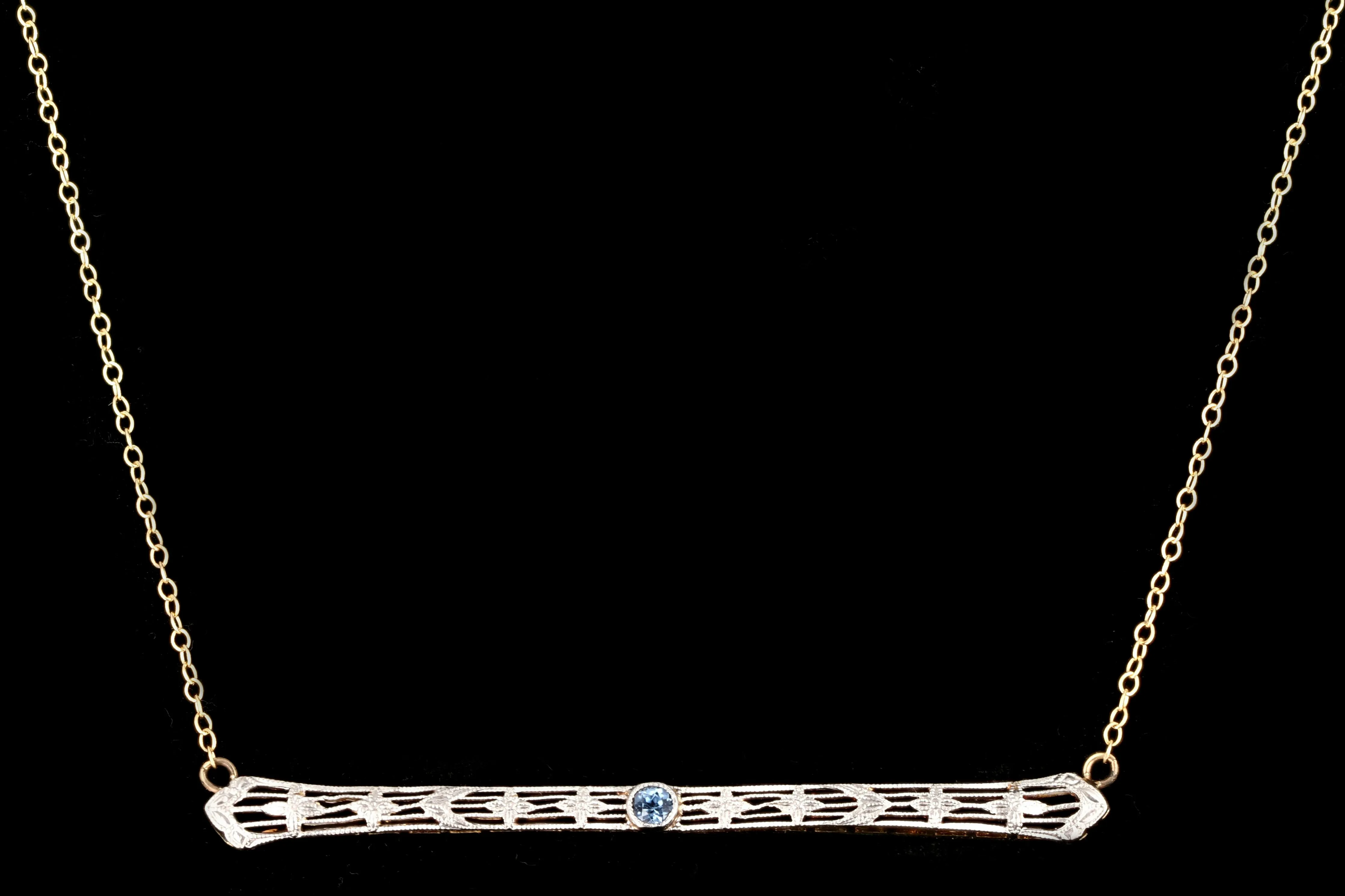 Art Deco 14K & Platinum Natural No Heat Natural Sapphire Bar Pin Conversion Necklace
