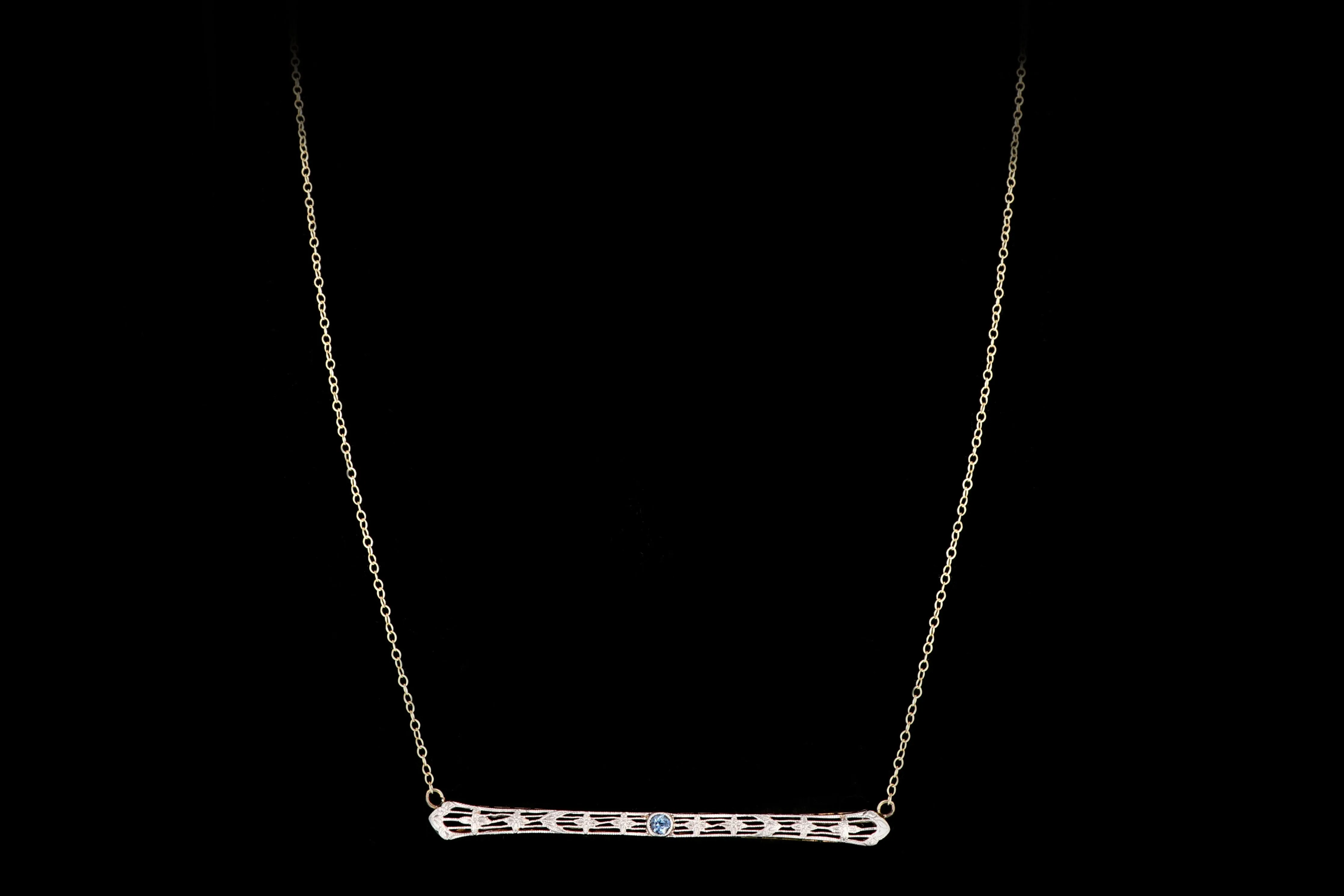 Art Deco 14K & Platinum Natural No Heat Natural Sapphire Bar Pin Conversion Necklace