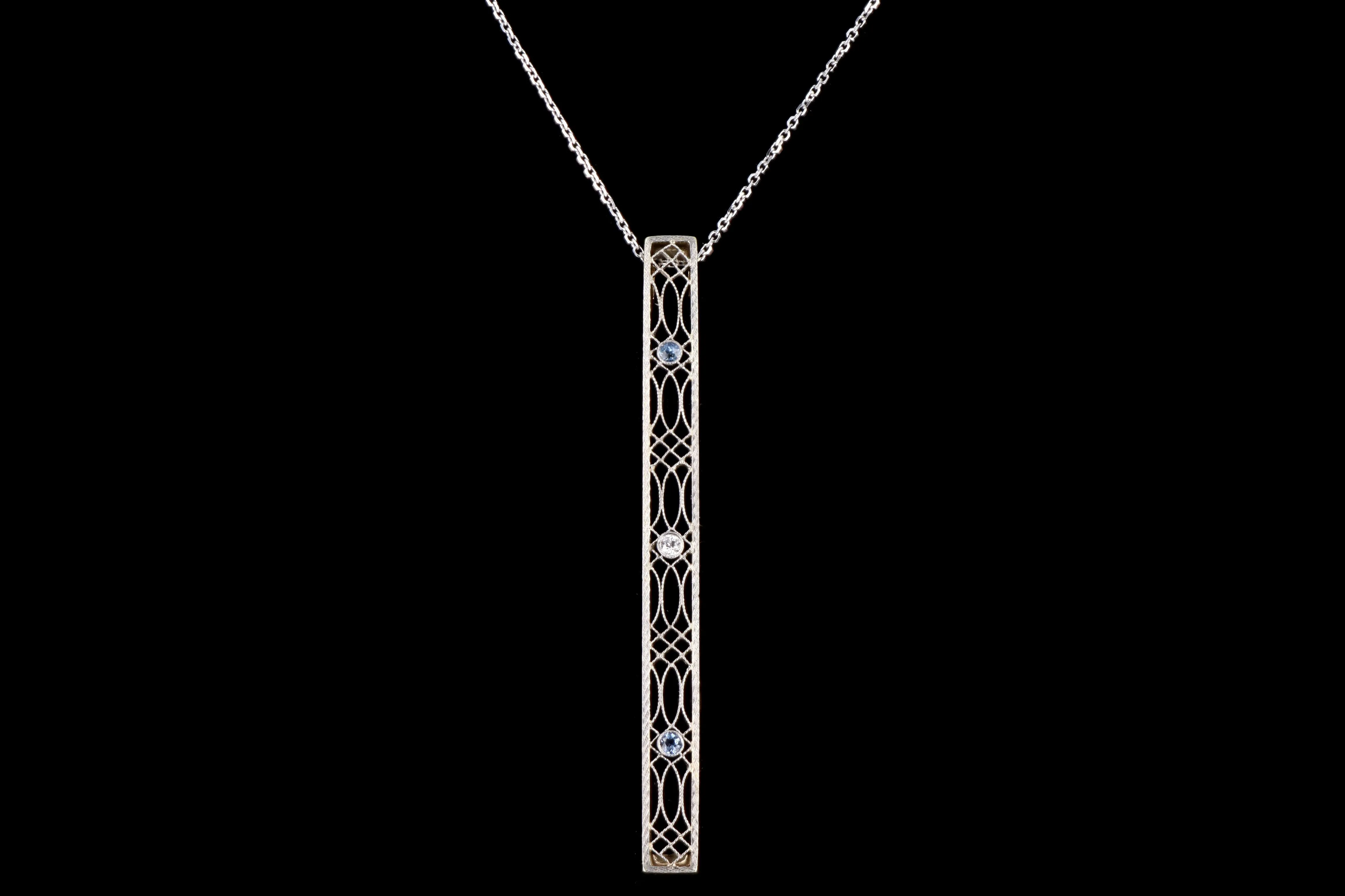Art Deco 14K Gold Old European Diamond & Natural Sapphire Bar Pin Conversion Pendant Necklace