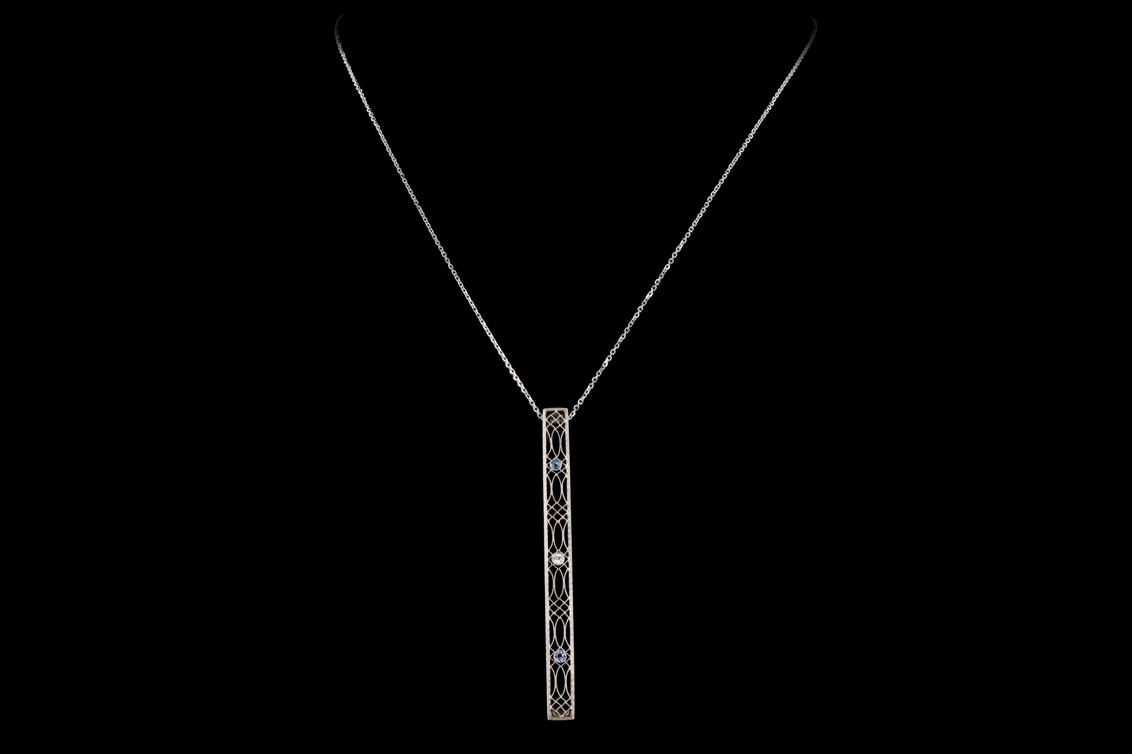 Art Deco 14K Gold Old European Diamond & Natural Sapphire Bar Pin Conversion Pendant Necklace