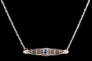 Art Deco 14K White & Yellow Gold .05 Carat Natural Yogo Sapphire Pin Conversion Pendant Necklace