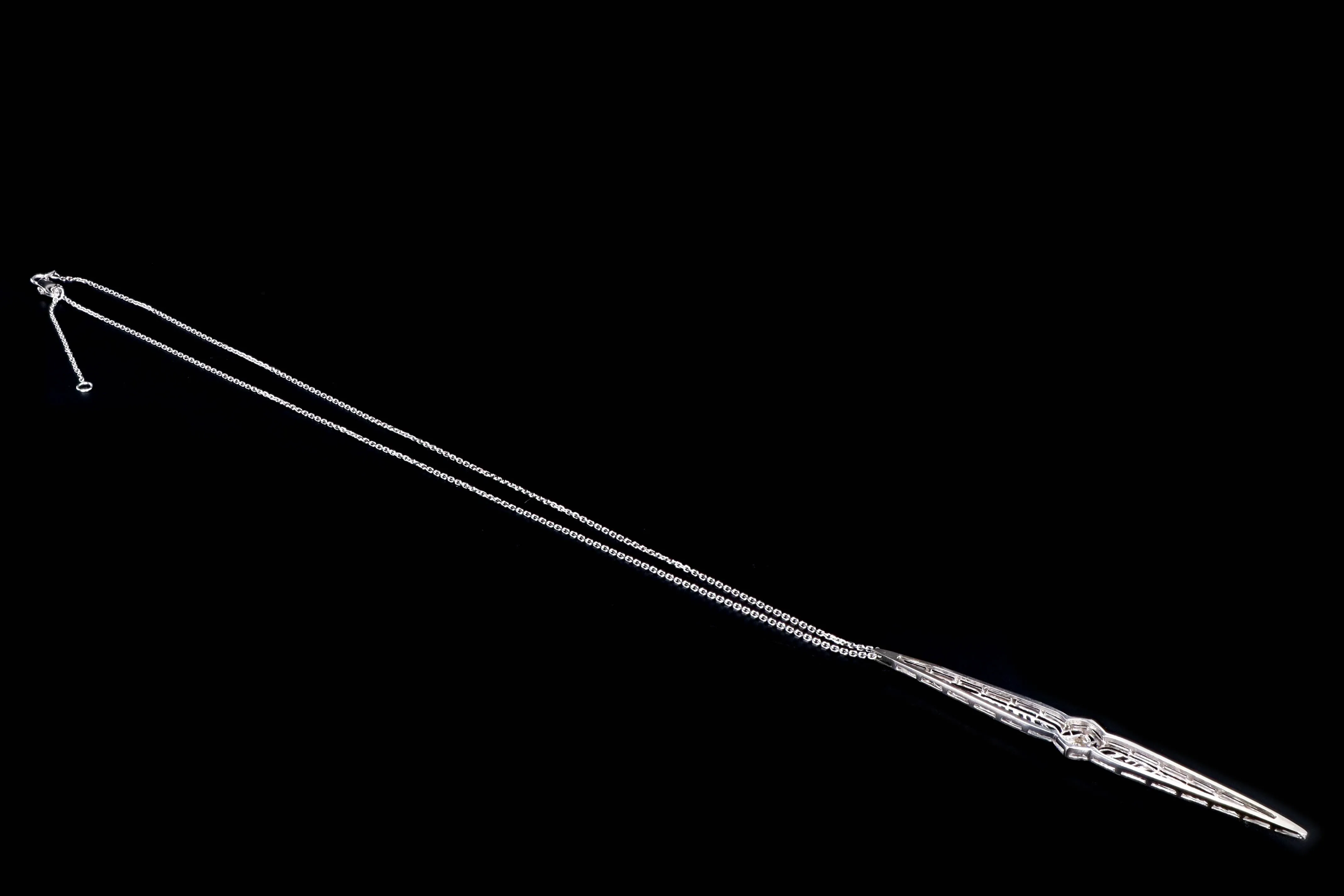 Art Deco 14K White Gold .02 Carat Diamond & Synthetic Sapphire Bar Pin Conversion Pendant Necklace